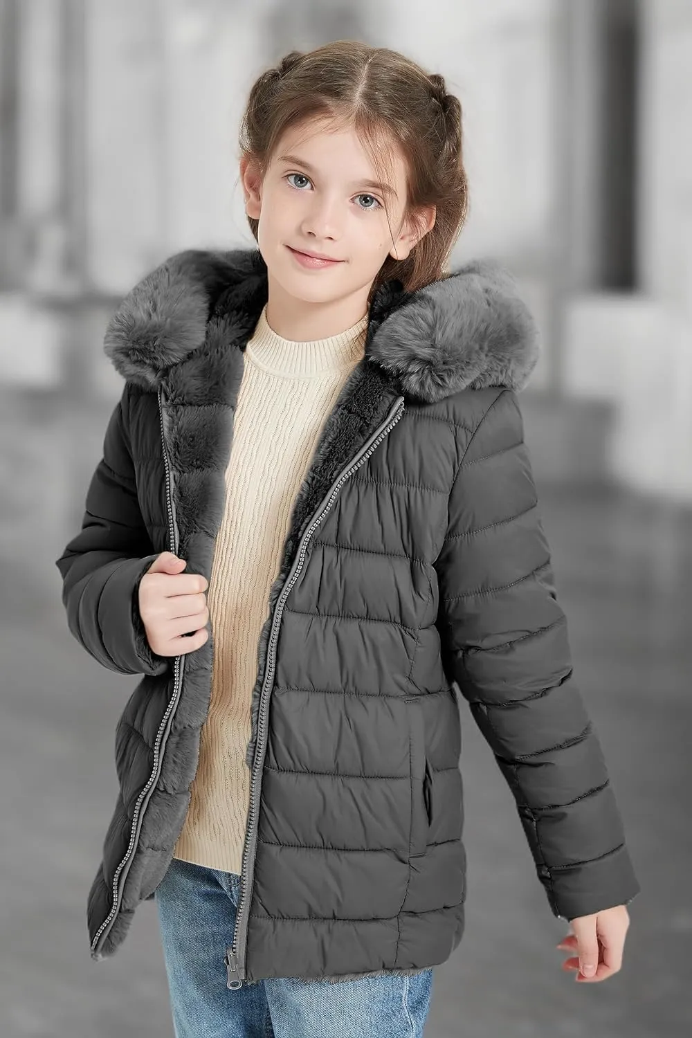 Giolshon Girls Faux Fur Fleece Jacket Sherpa Fuzzy Hoodie Winter Coat with Full Zip Fluffy Outerwear 2169