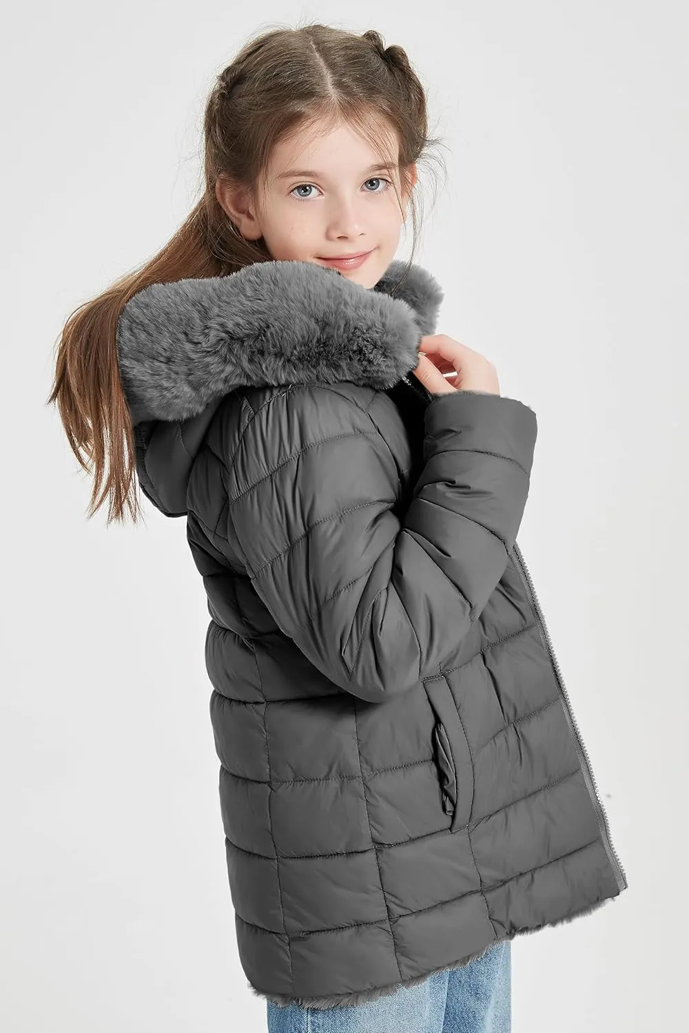 Giolshon Girls Faux Fur Fleece Jacket Sherpa Fuzzy Hoodie Winter Coat with Full Zip Fluffy Outerwear 2169