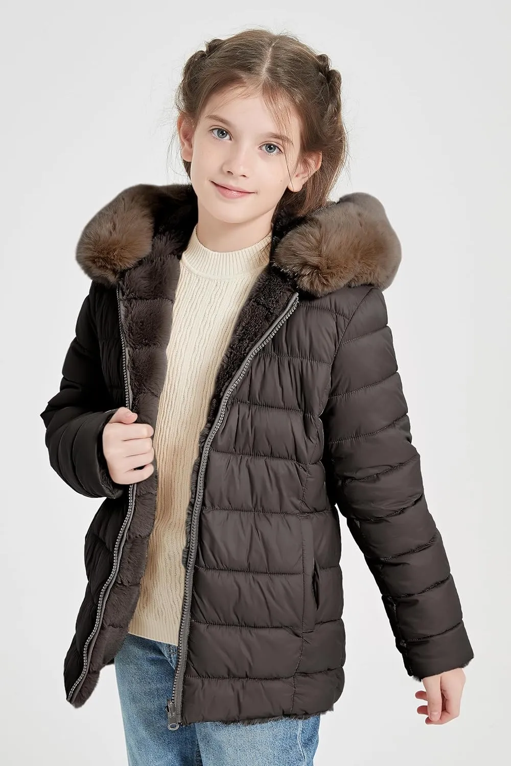 Giolshon Girls Faux Fur Fleece Jacket Sherpa Fuzzy Hoodie Winter Coat with Full Zip Fluffy Outerwear 2169
