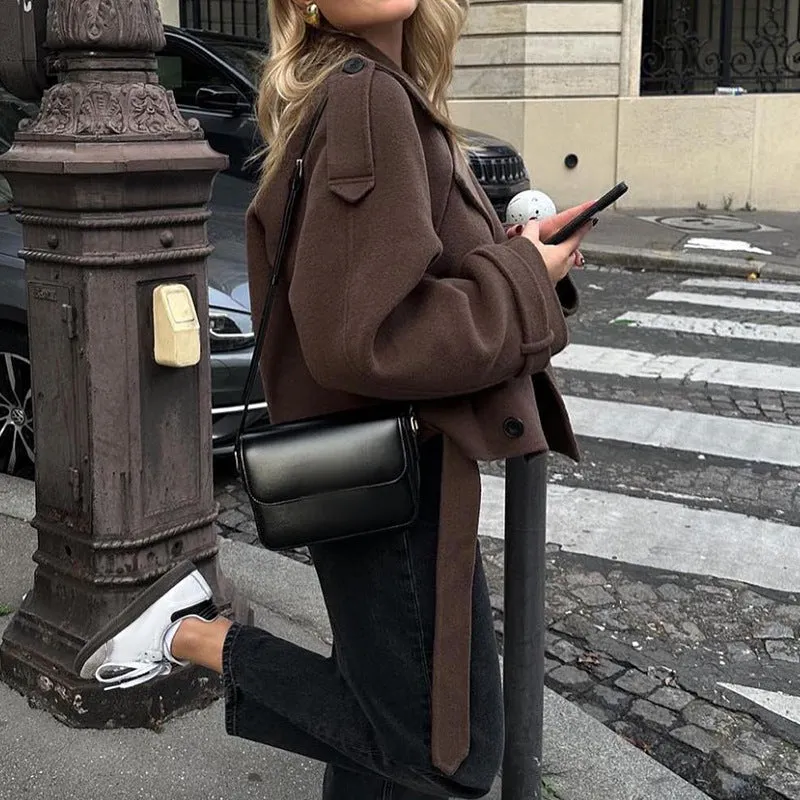 Girlary-shop fall fashion Autumn and Winter Women's Woolen Coat Personality Street Suit Collar Lace-up Long-Sleeved Jacket Coat for Women