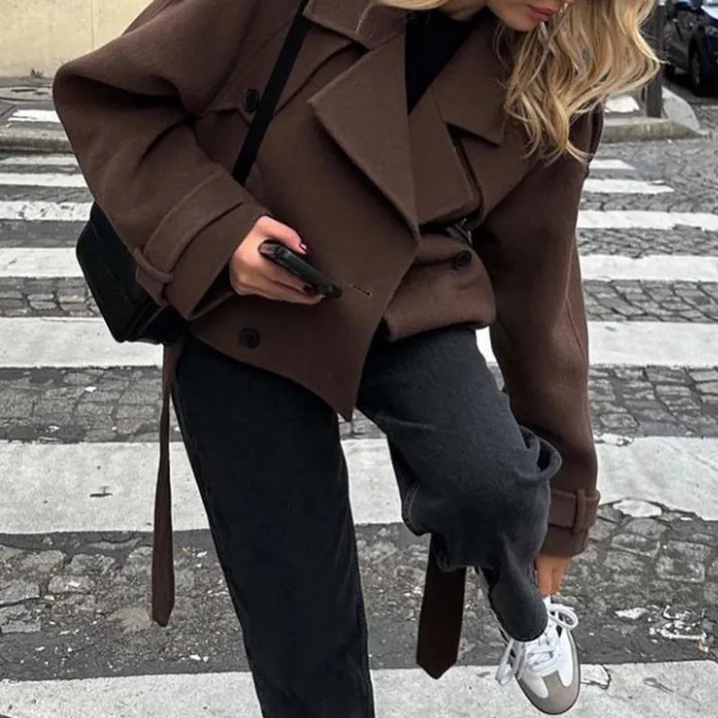 Girlary-shop fall fashion Autumn and Winter Women's Woolen Coat Personality Street Suit Collar Lace-up Long-Sleeved Jacket Coat for Women
