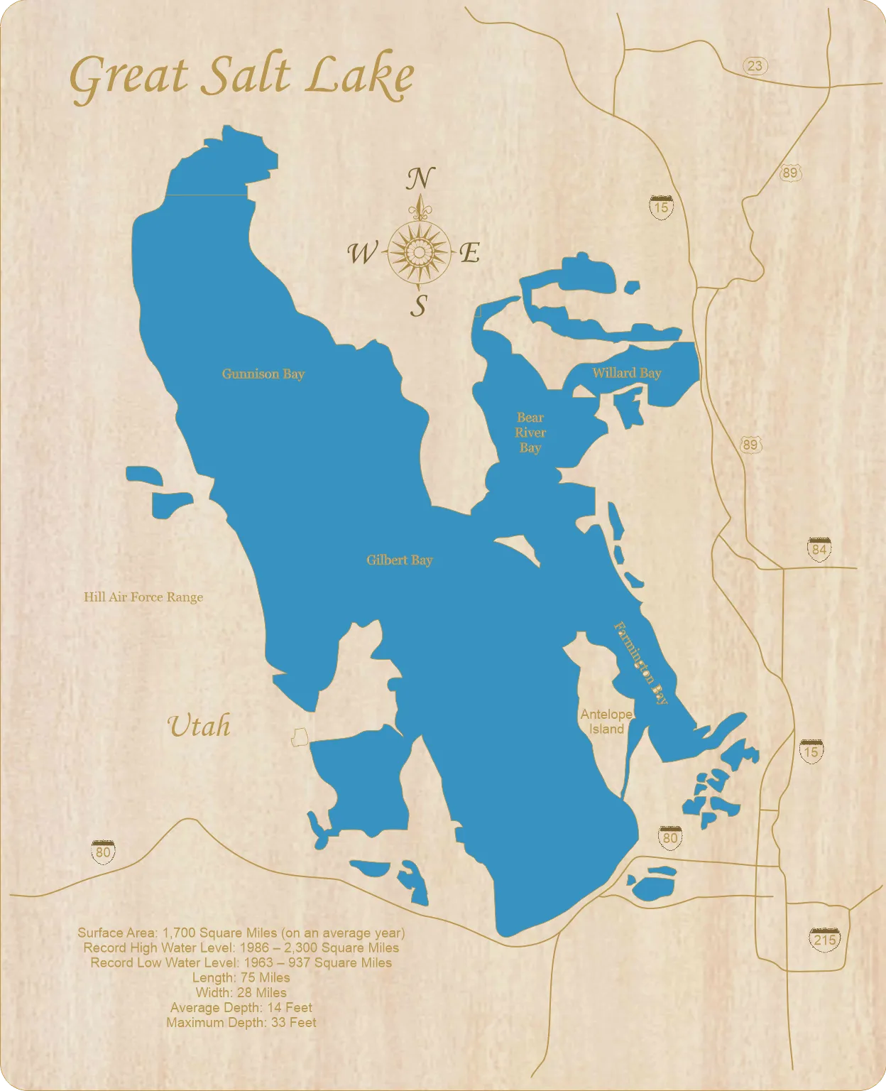 Great Salt Lake, Utah - Laser Cut Wood Map