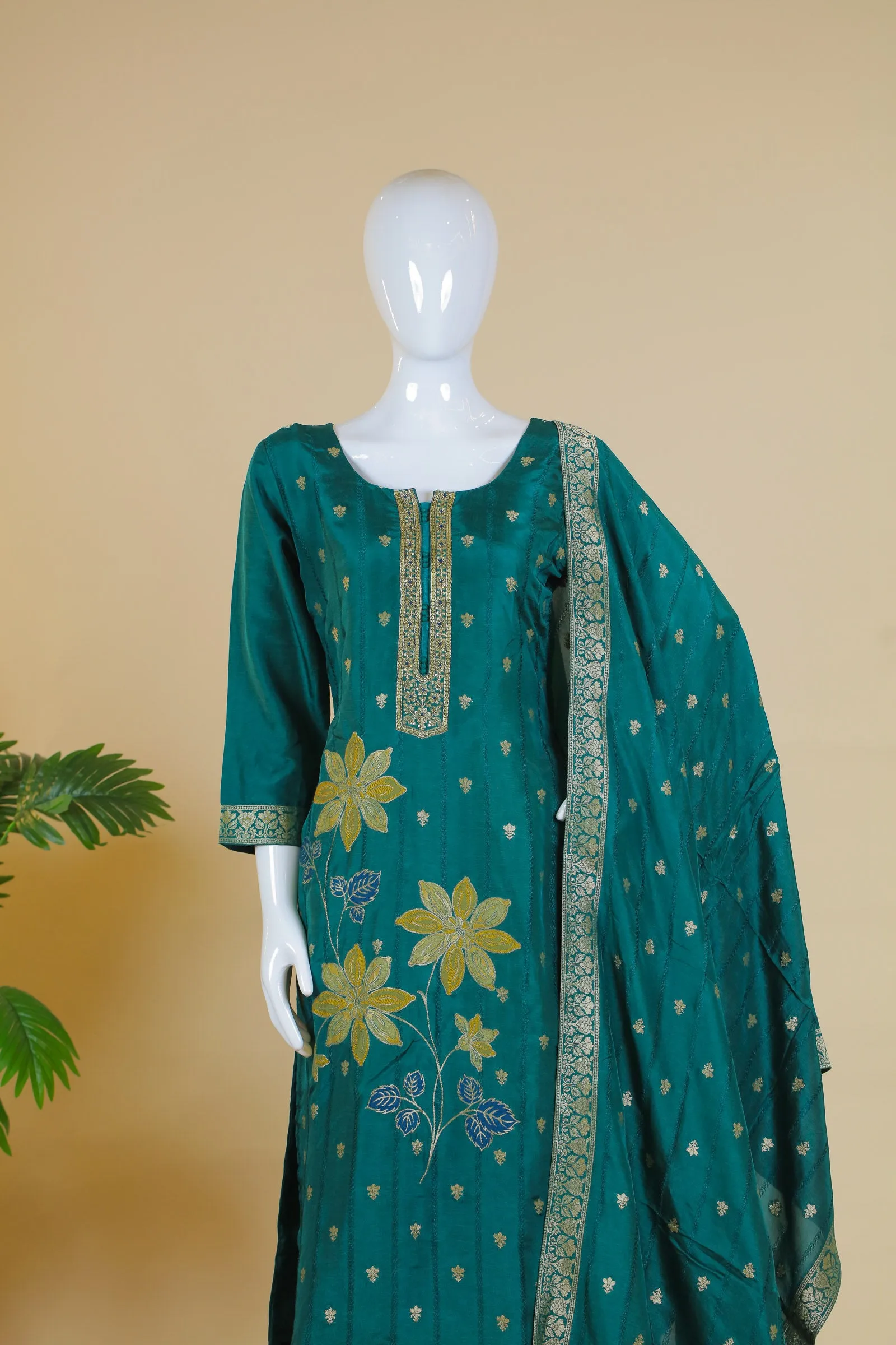Green Banaras, Zardozi, Sequins and Thread work Straight Cut Salwar Suit