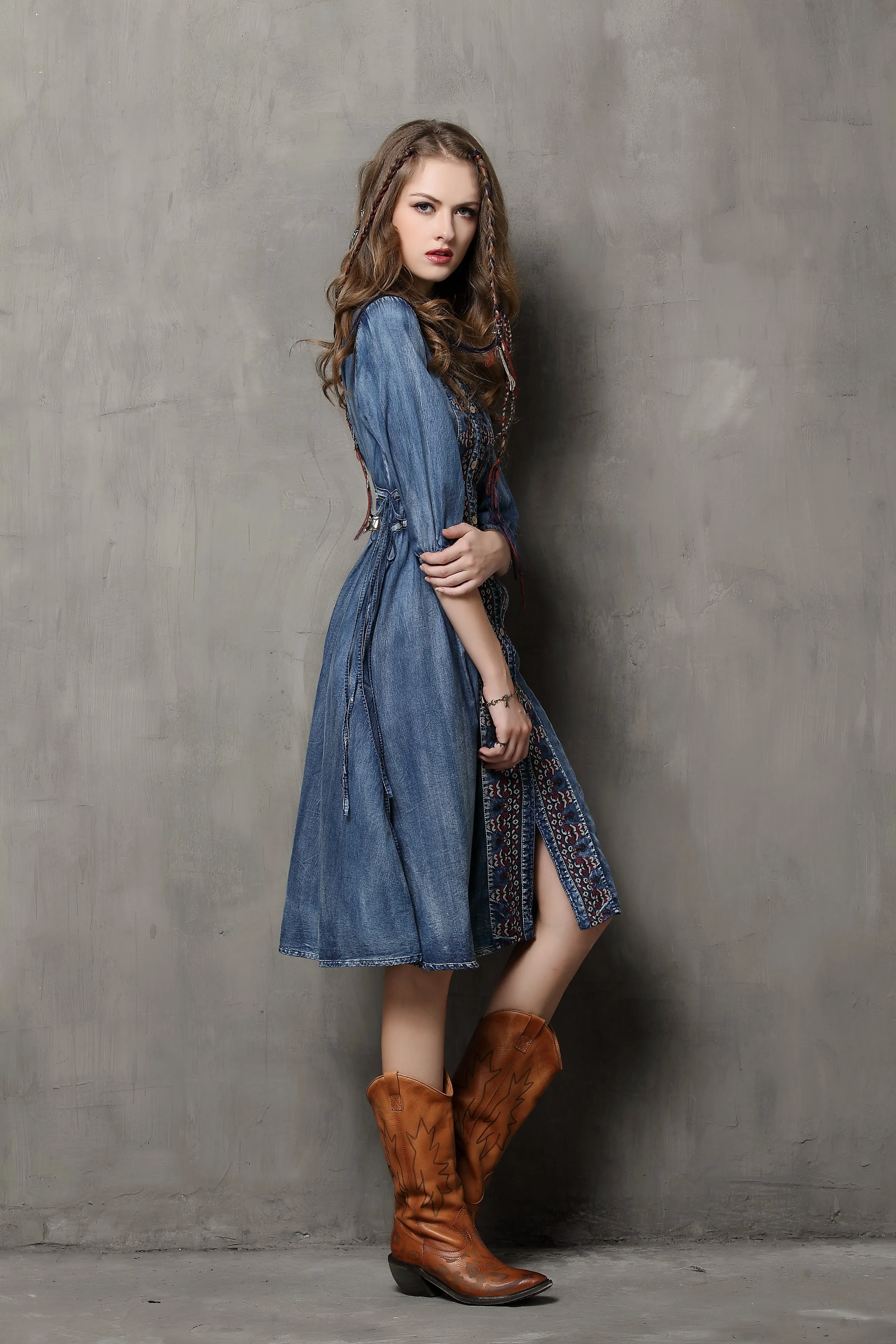 HALF SLEEVE BUTTON FRONT DENIM DRESS