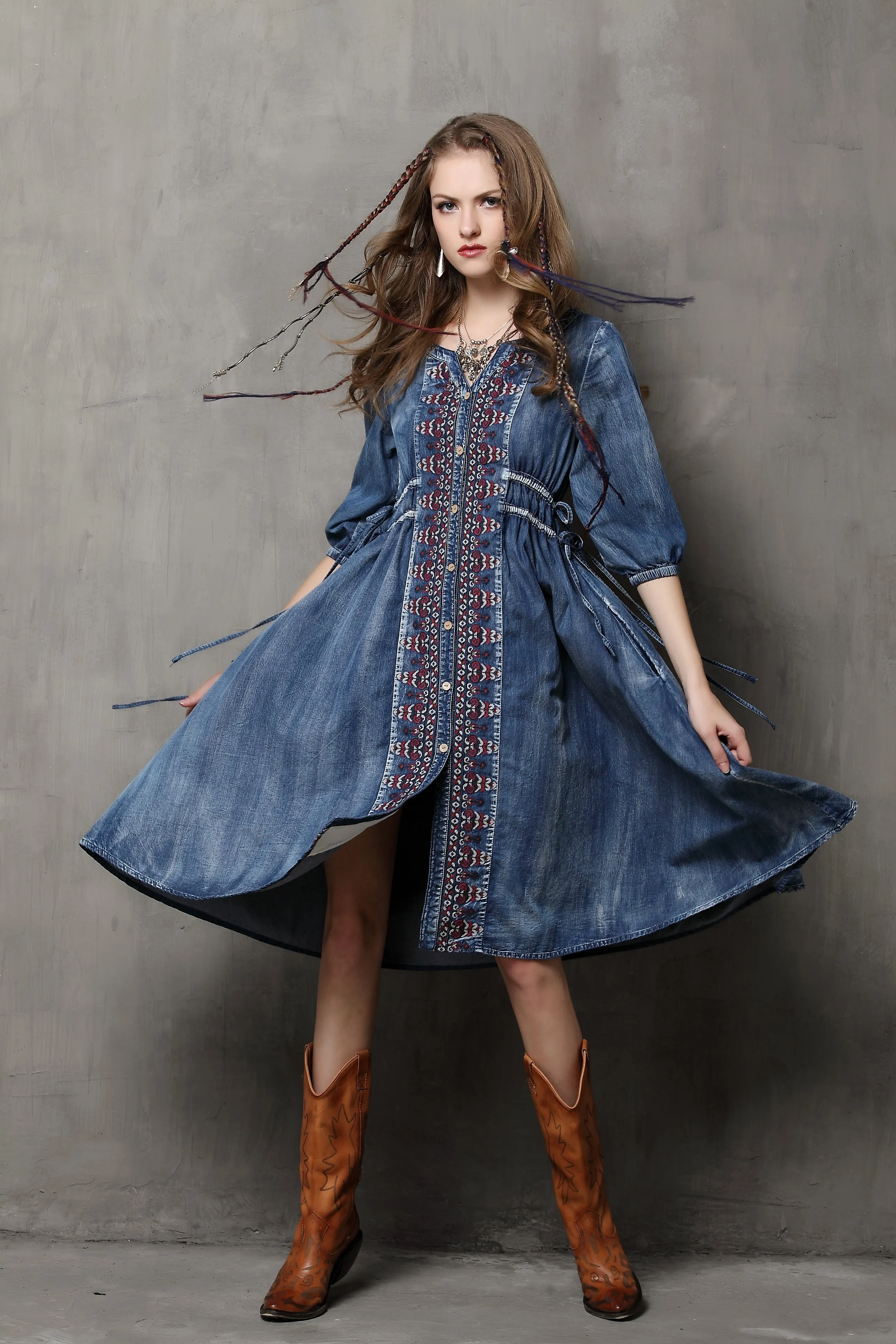 HALF SLEEVE BUTTON FRONT DENIM DRESS