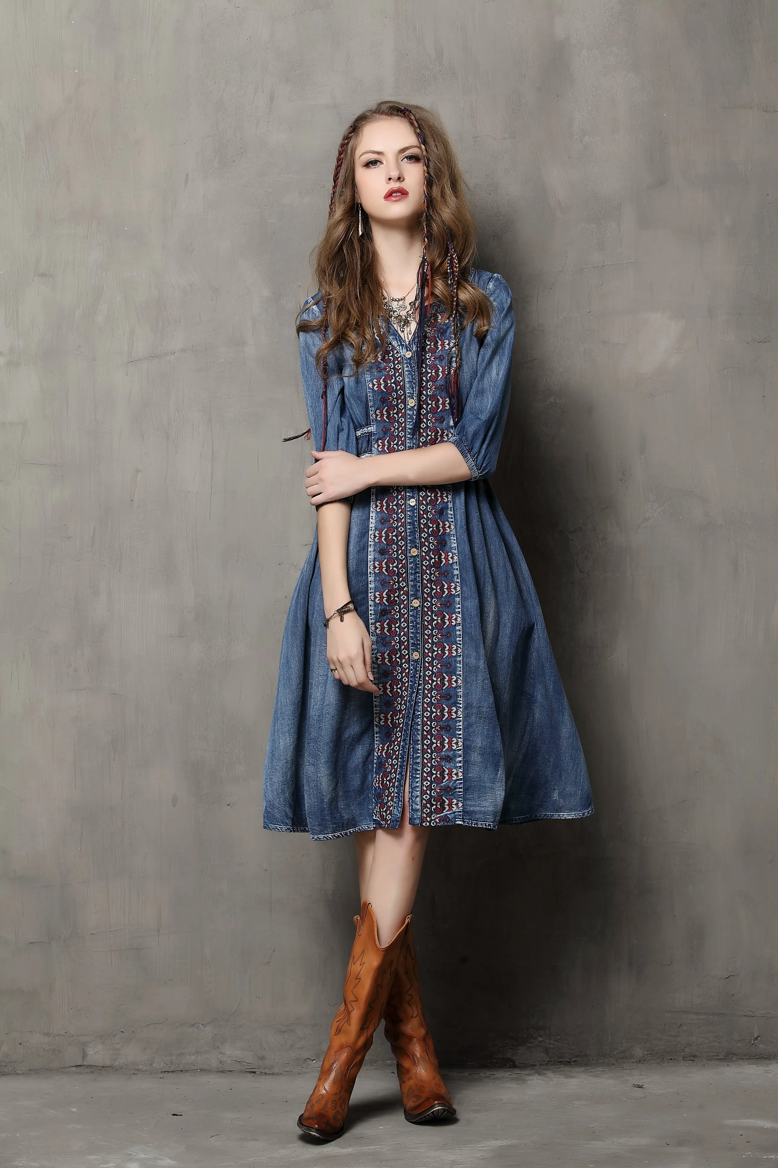HALF SLEEVE BUTTON FRONT DENIM DRESS