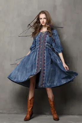 HALF SLEEVE BUTTON FRONT DENIM DRESS