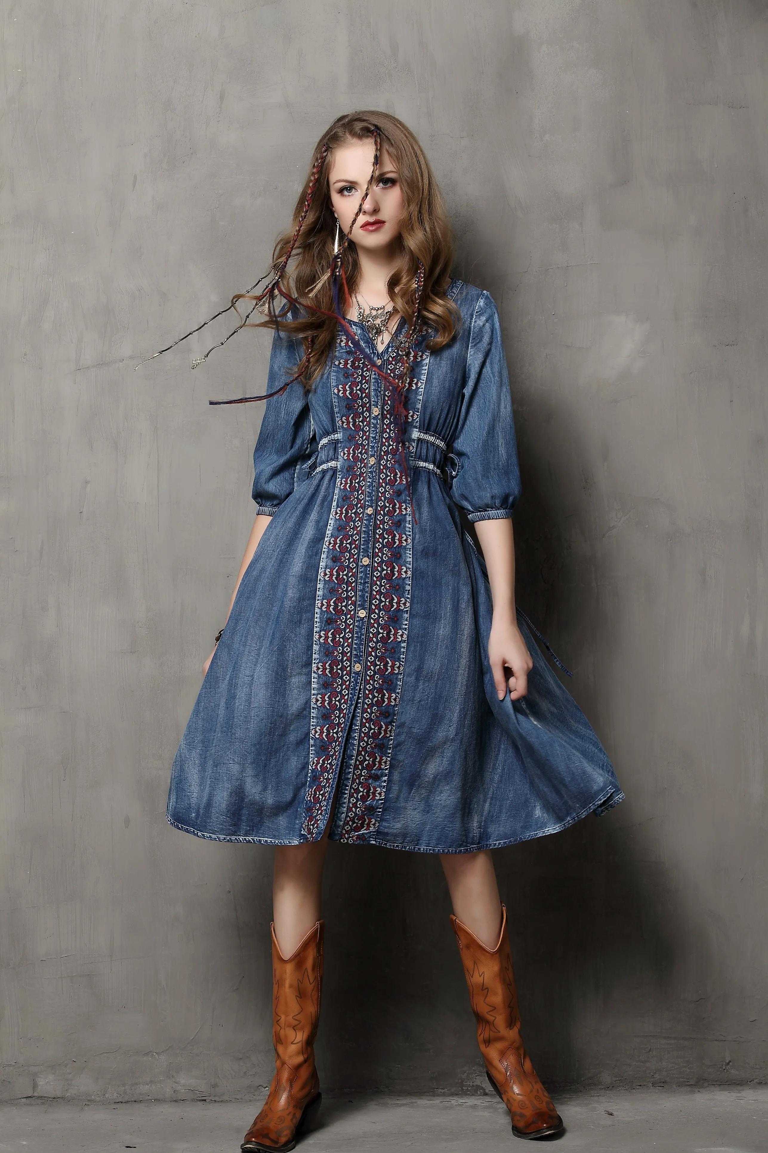 HALF SLEEVE BUTTON FRONT DENIM DRESS