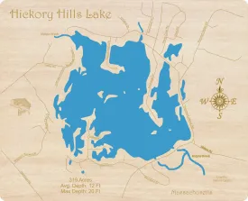 Hickory Hills Lake, Massachusetts - Laser Cut Wood Map