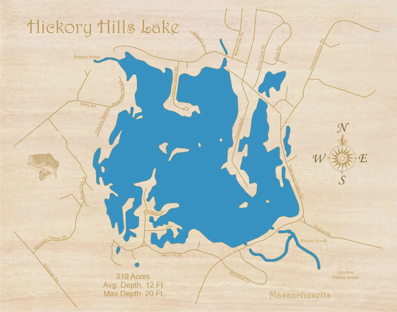 Hickory Hills Lake, Massachusetts - Laser Cut Wood Map