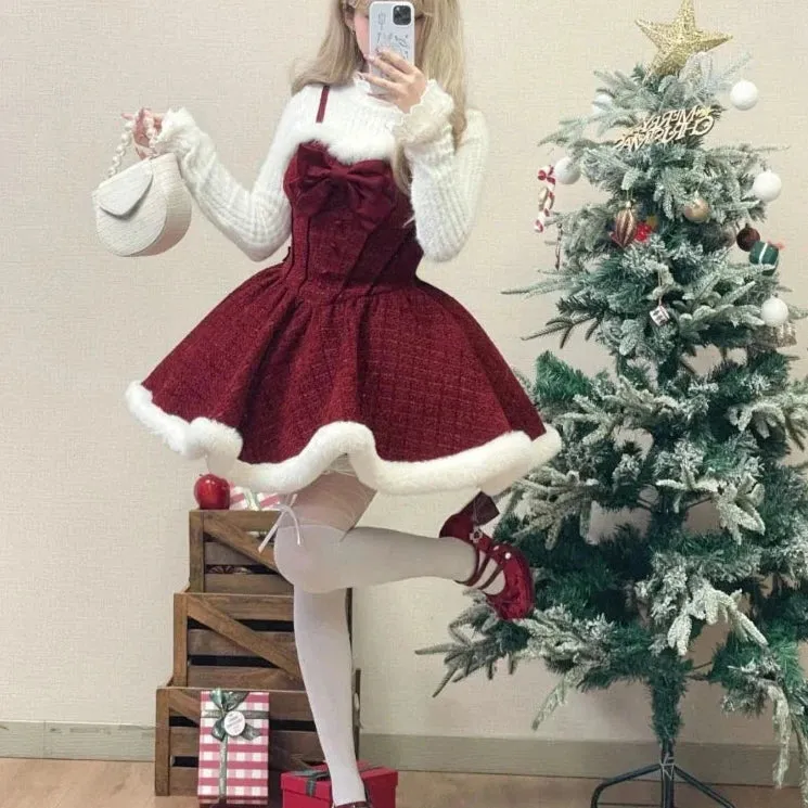 Hnewly Christmas Outfits Sweet Lolita Style Dress Sets Women Elegant Bow Plush Shawl Short Jackets Mini Skirts Suit Kawaii Christmas New Year 3 Piece Set