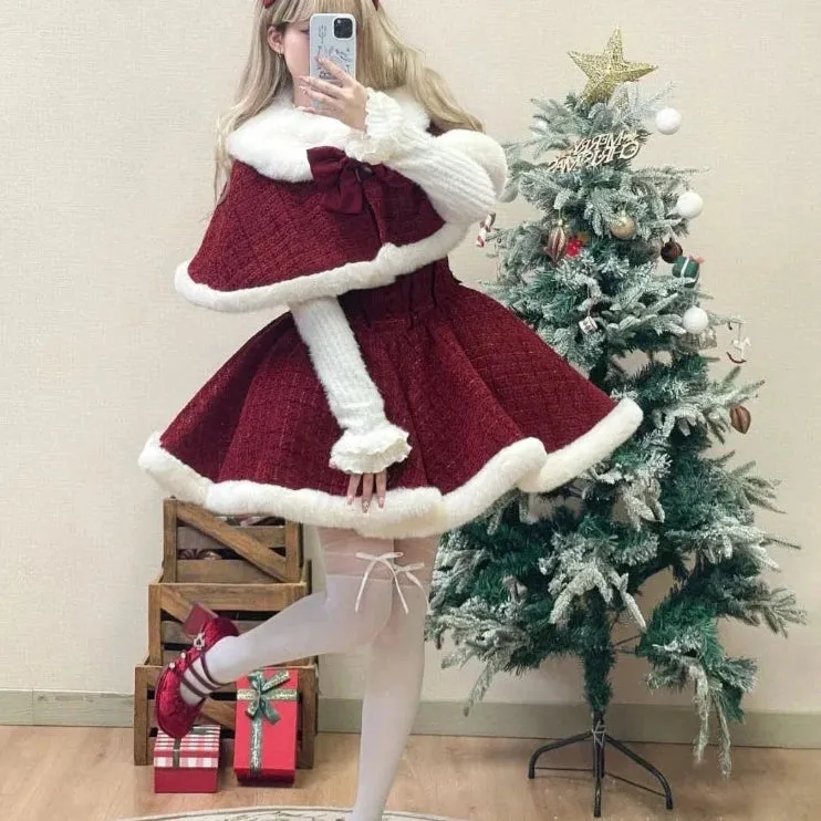 Hnewly Christmas Outfits Sweet Lolita Style Dress Sets Women Elegant Bow Plush Shawl Short Jackets Mini Skirts Suit Kawaii Christmas New Year 3 Piece Set