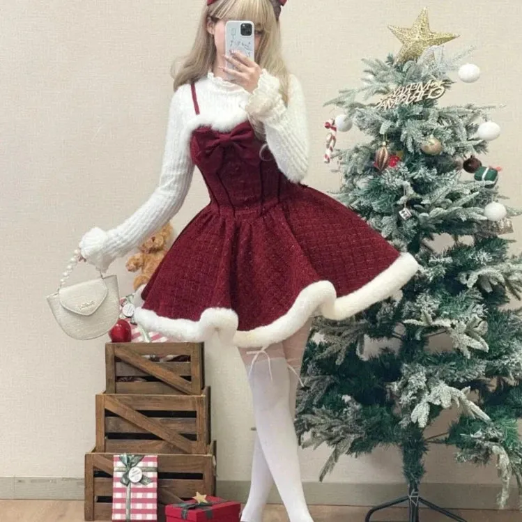Hnewly Christmas Outfits Sweet Lolita Style Dress Sets Women Elegant Bow Plush Shawl Short Jackets Mini Skirts Suit Kawaii Christmas New Year 3 Piece Set