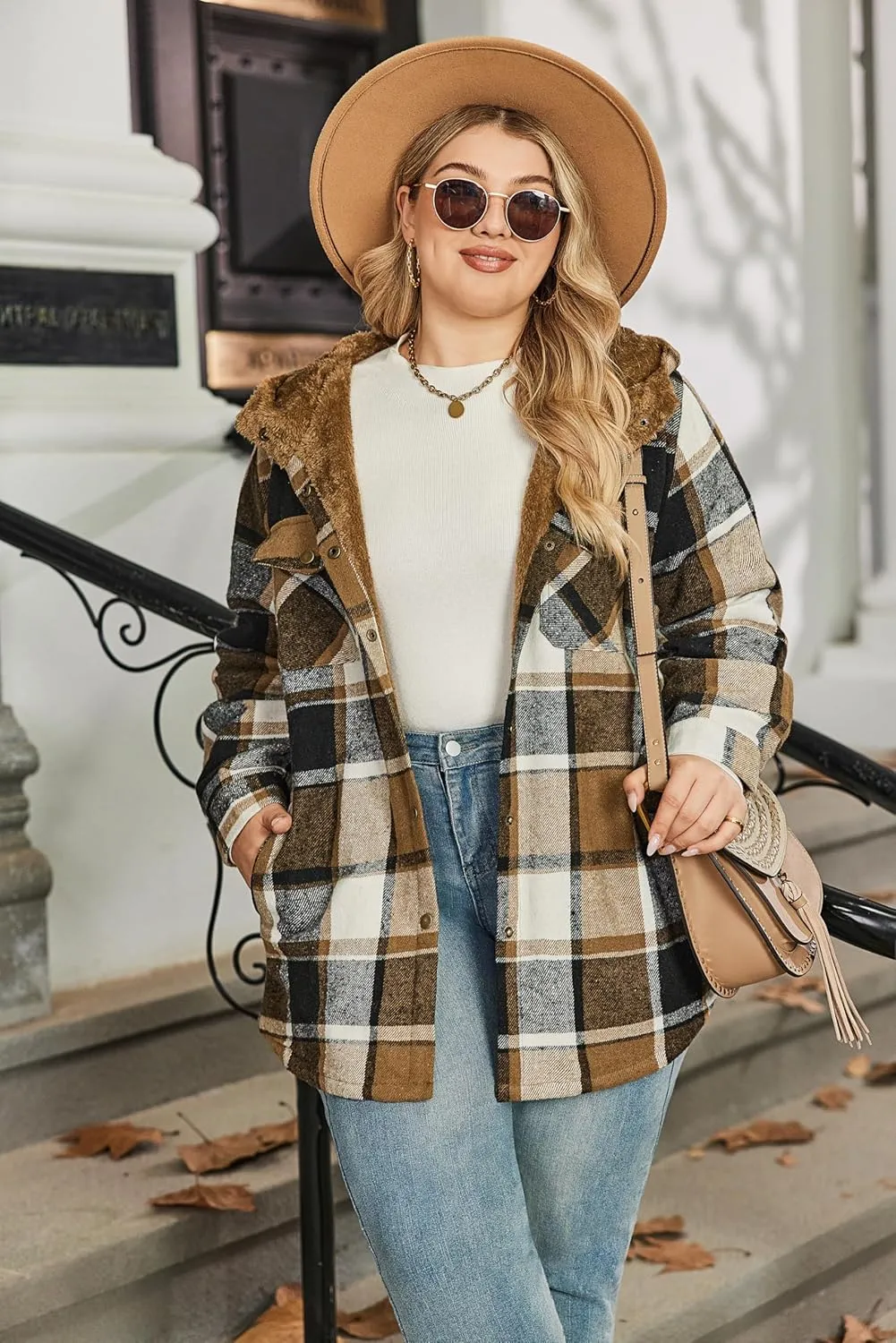 IN'VOLAND Plus Size Women Flannel Plaid Shacket Jacket Long Sleeve Button Down Fleece Hooded Jackets Fall Winter Coat