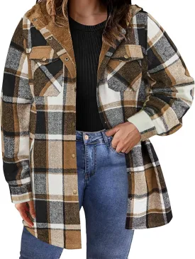 IN'VOLAND Plus Size Women Flannel Plaid Shacket Jacket Long Sleeve Button Down Fleece Hooded Jackets Fall Winter Coat