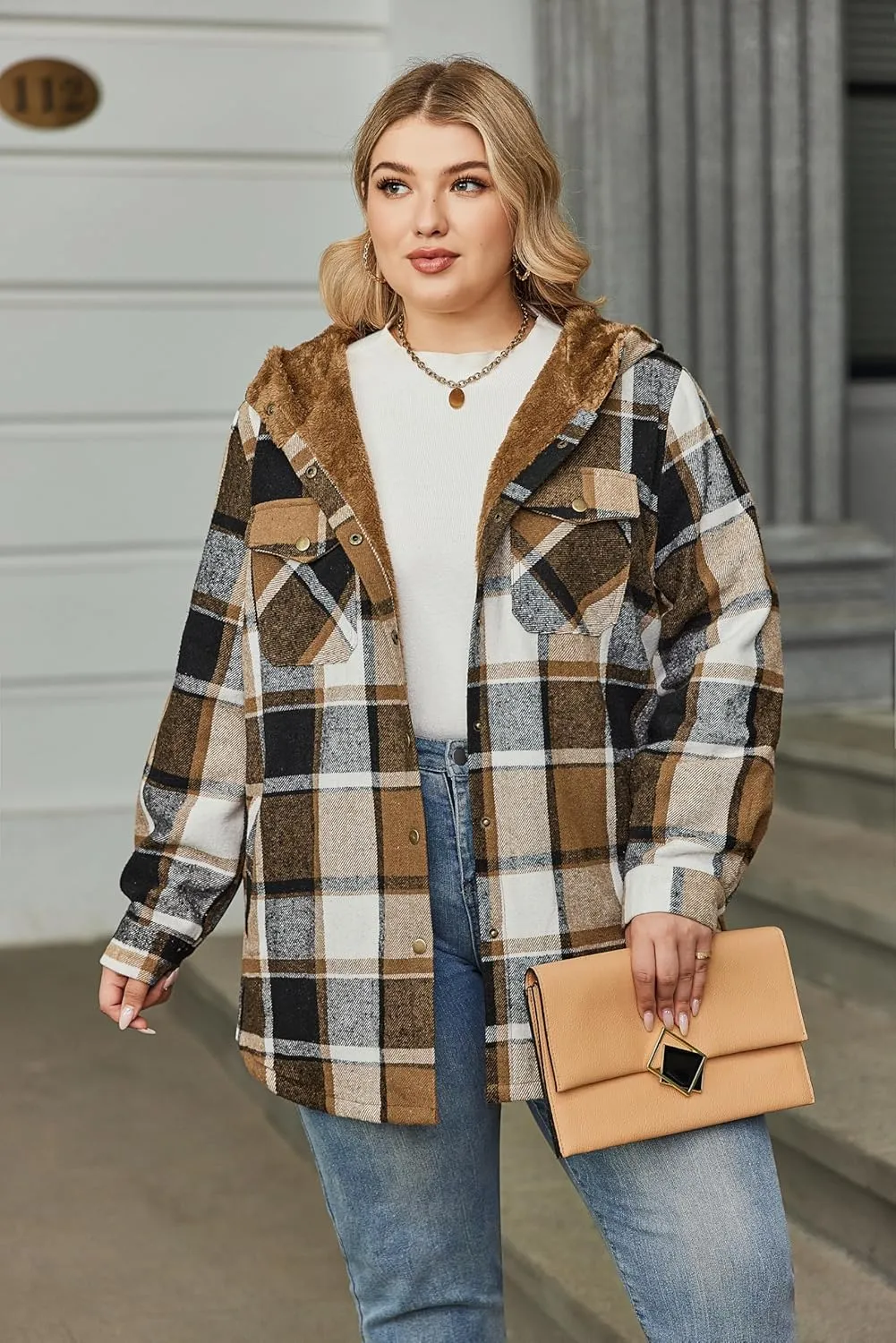 IN'VOLAND Plus Size Women Flannel Plaid Shacket Jacket Long Sleeve Button Down Fleece Hooded Jackets Fall Winter Coat