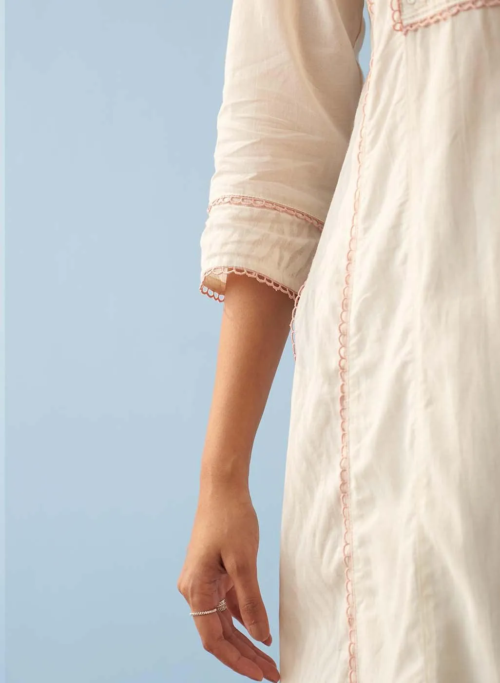 Ivory Long Flared Embroidered A-line Kurta
