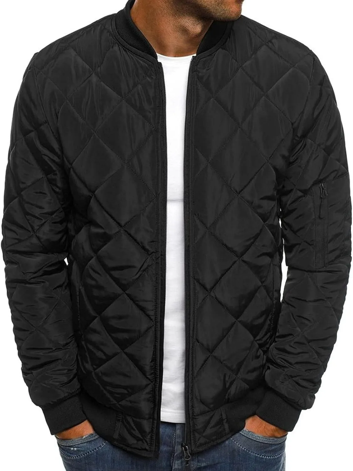 JEsilunmaMY Men's Quilted Jacket Diamond Winter Coat Zip Up Solid Color Bomber Padded Jacket Lightweight Cotton Windbreaker