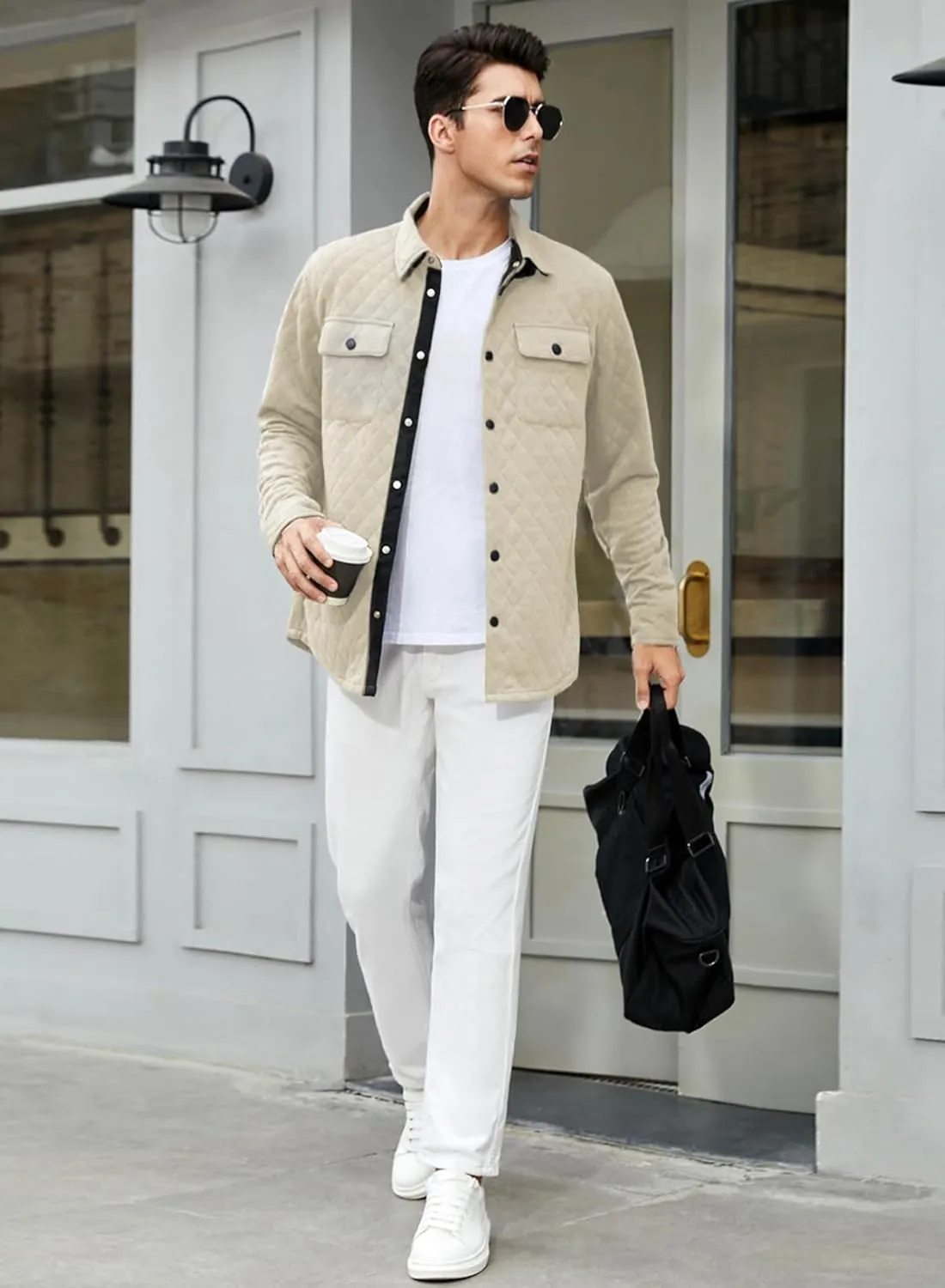 JMIERR Mens Quilted Shirt Jackets Casual Long Sleeve Snap Button Down Shirts with Pockets