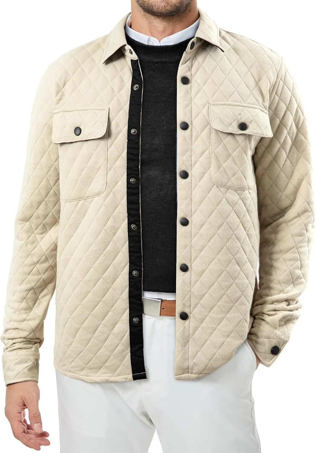 JMIERR Mens Quilted Shirt Jackets Casual Long Sleeve Snap Button Down Shirts with Pockets