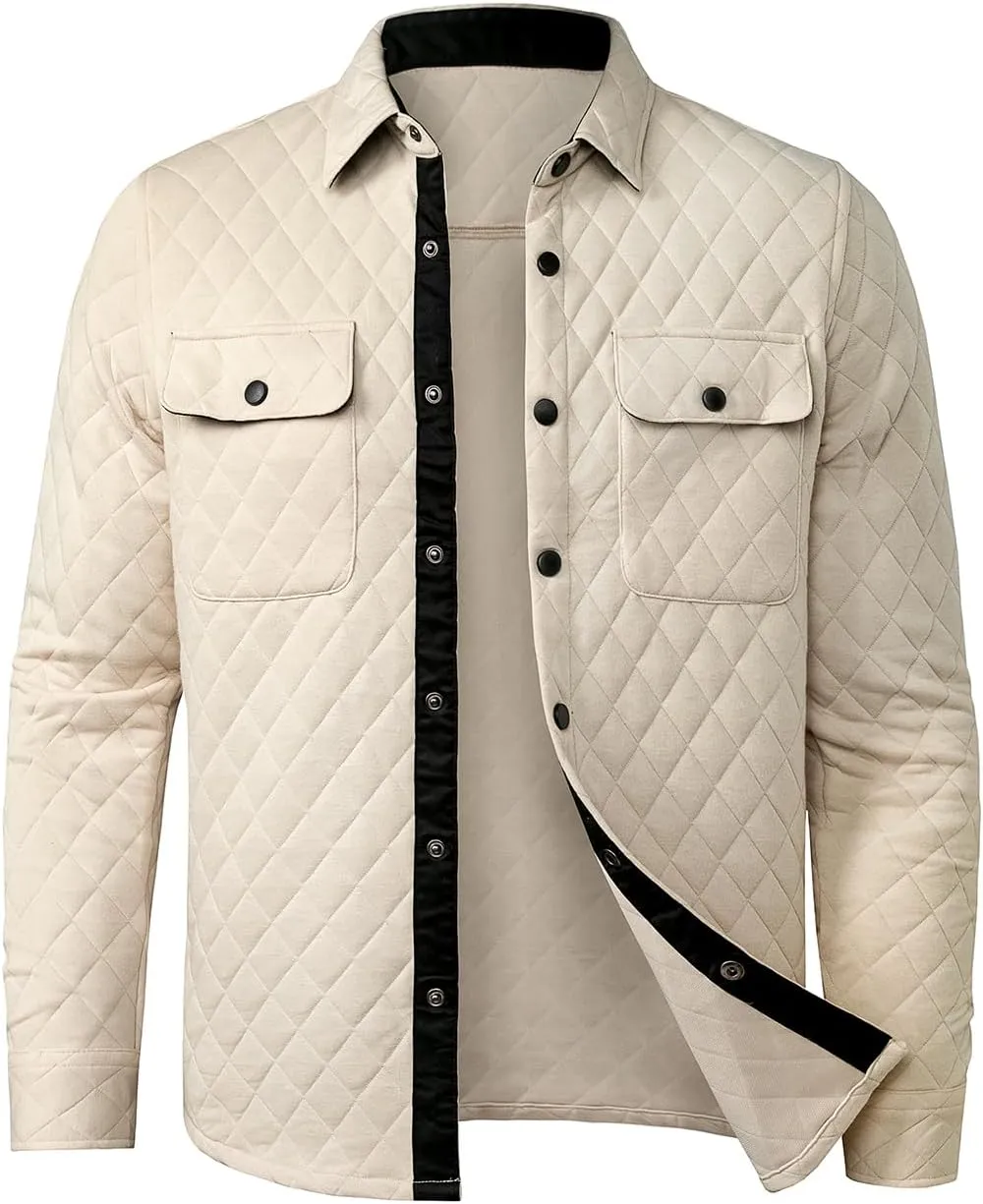 JMIERR Mens Quilted Shirt Jackets Casual Long Sleeve Snap Button Down Shirts with Pockets