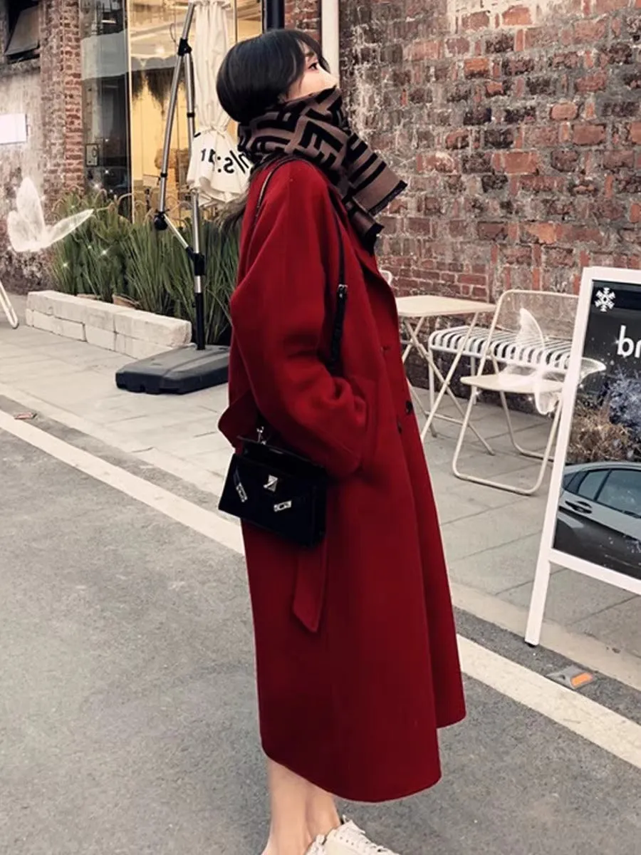 Joskaa winter fits men Red Double-Sided Cashmere Coat for Women Autumn and Winter 2024 New Mid-Length Small Woolen Woolen Coat