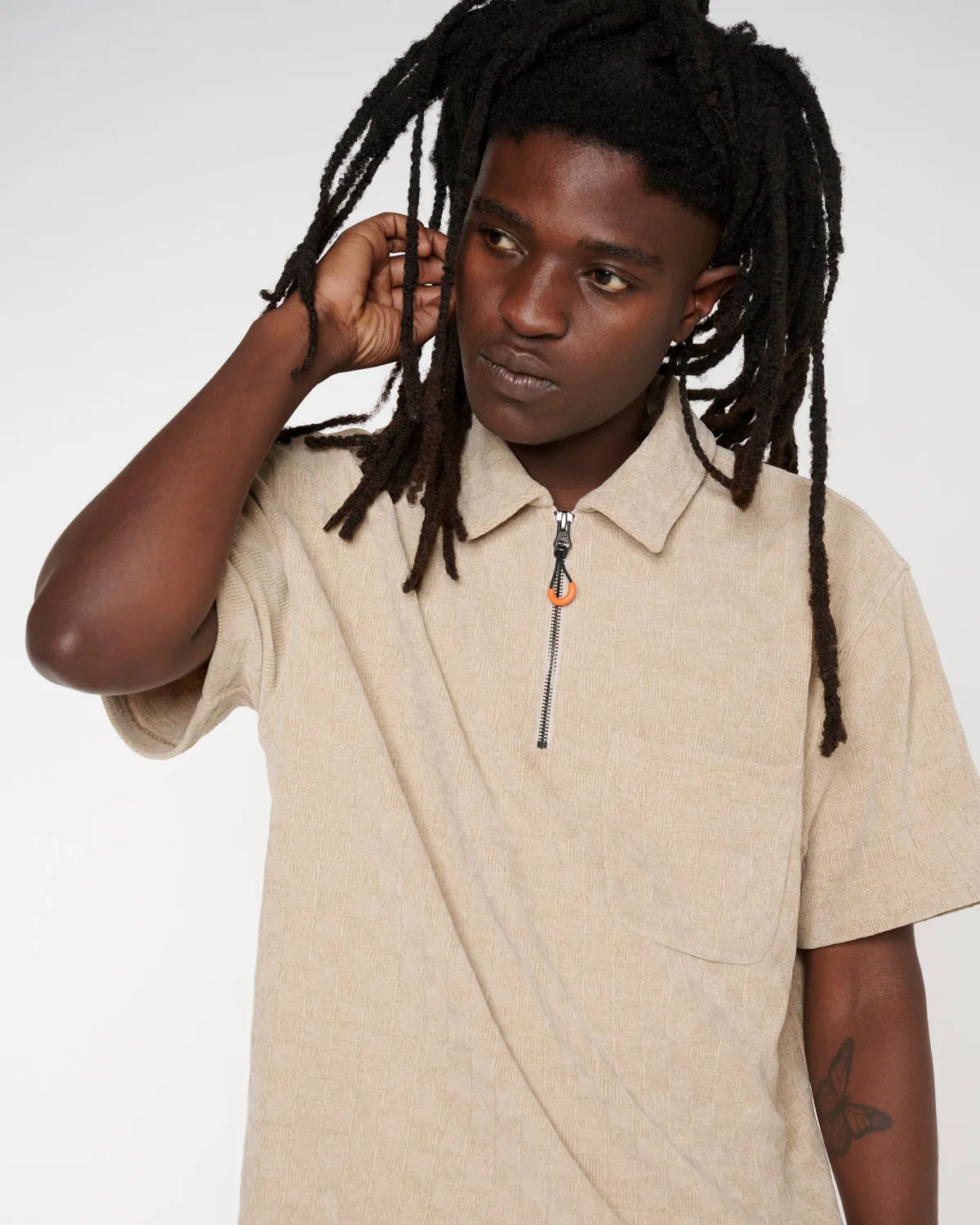 Knit Check Half Zip Shirt - Sand