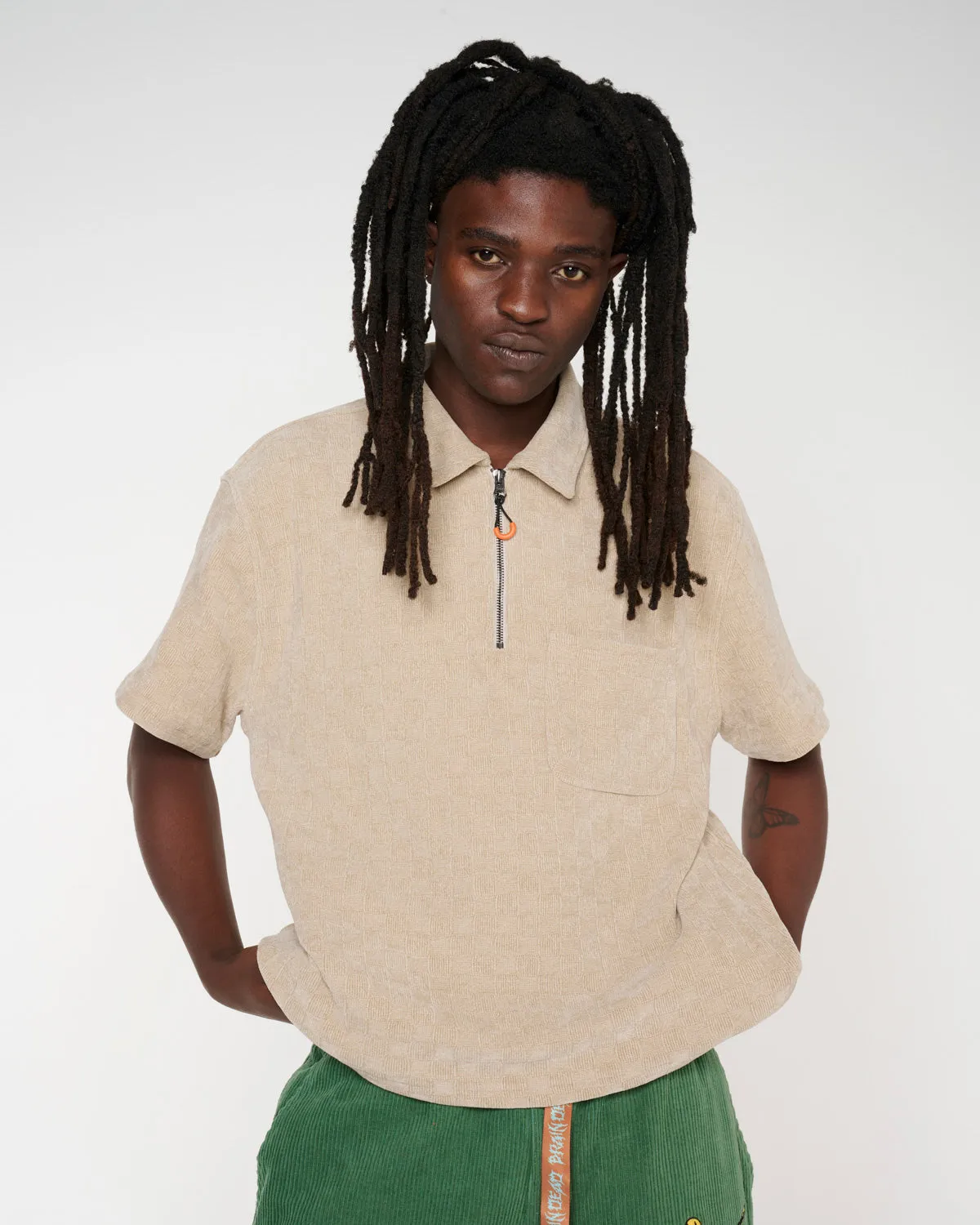 Knit Check Half Zip Shirt - Sand
