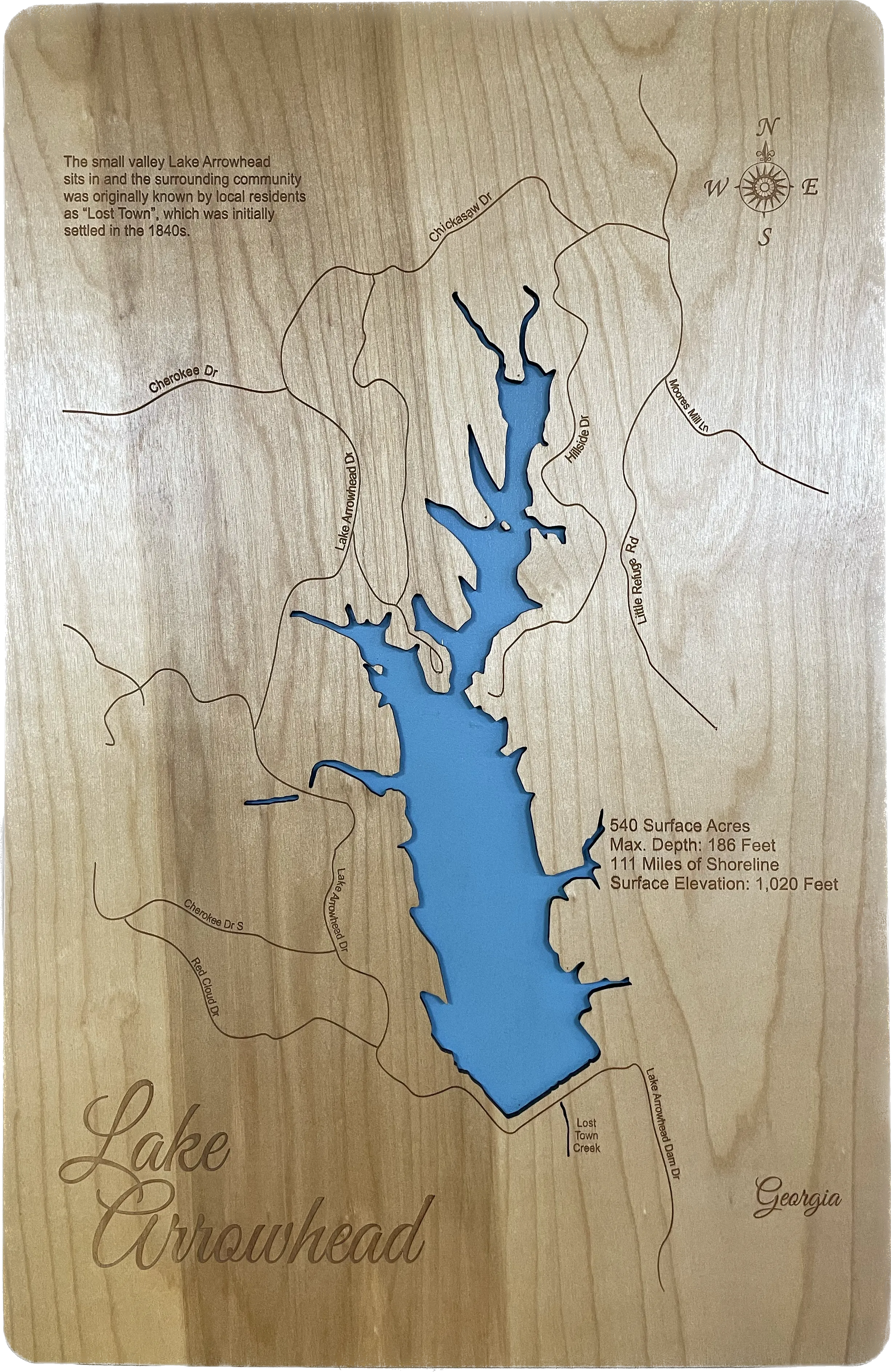Lake Arrowhead, Georgia - Laser Cut Wood Map Overflow Sale Special
