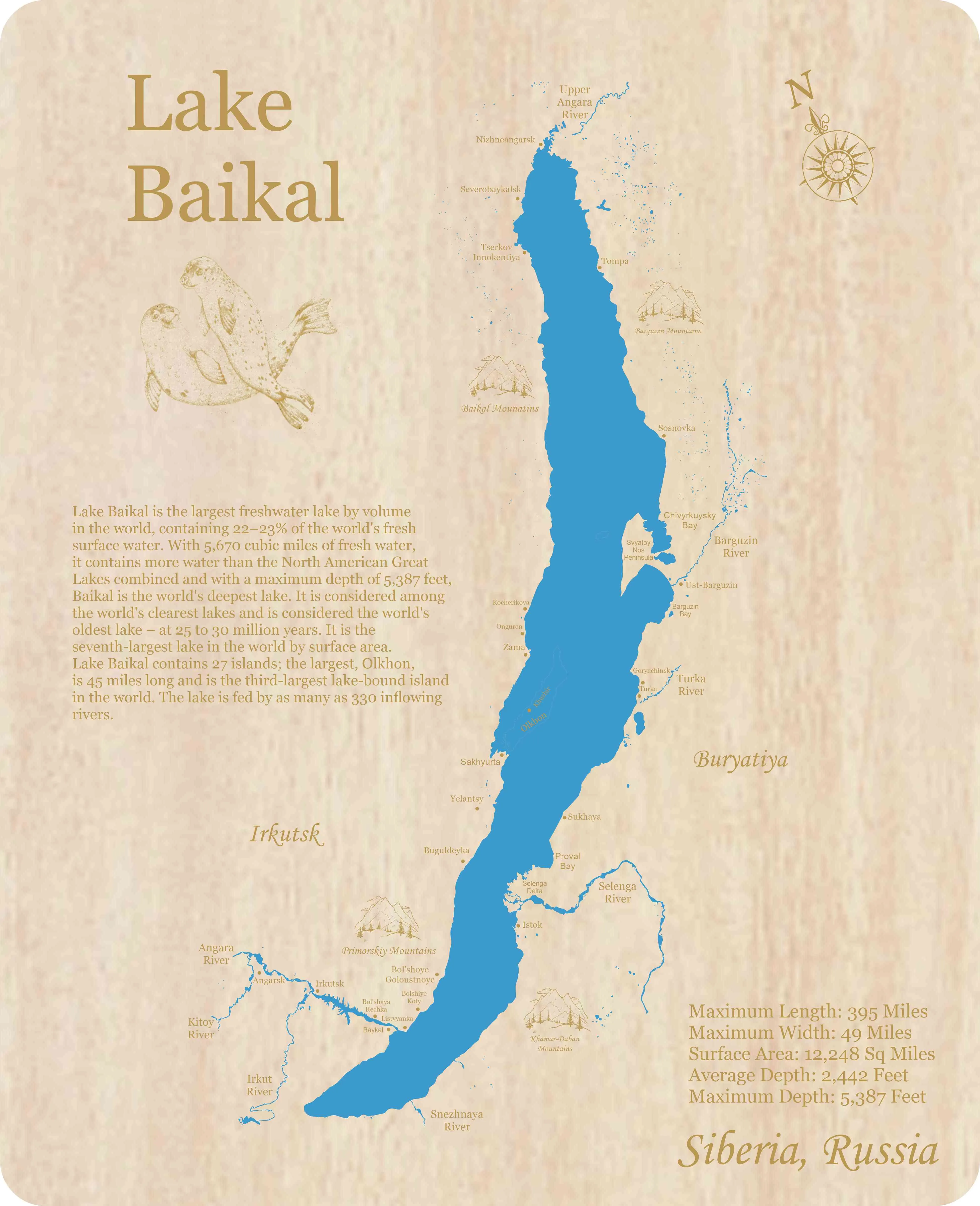 Lake Baikal, Russia - Laser Cut Wood Map