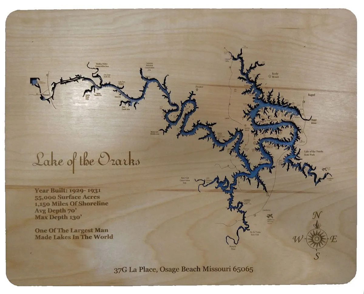 Lake of the Ozarks, Missouri - Laser Cut Wood Map