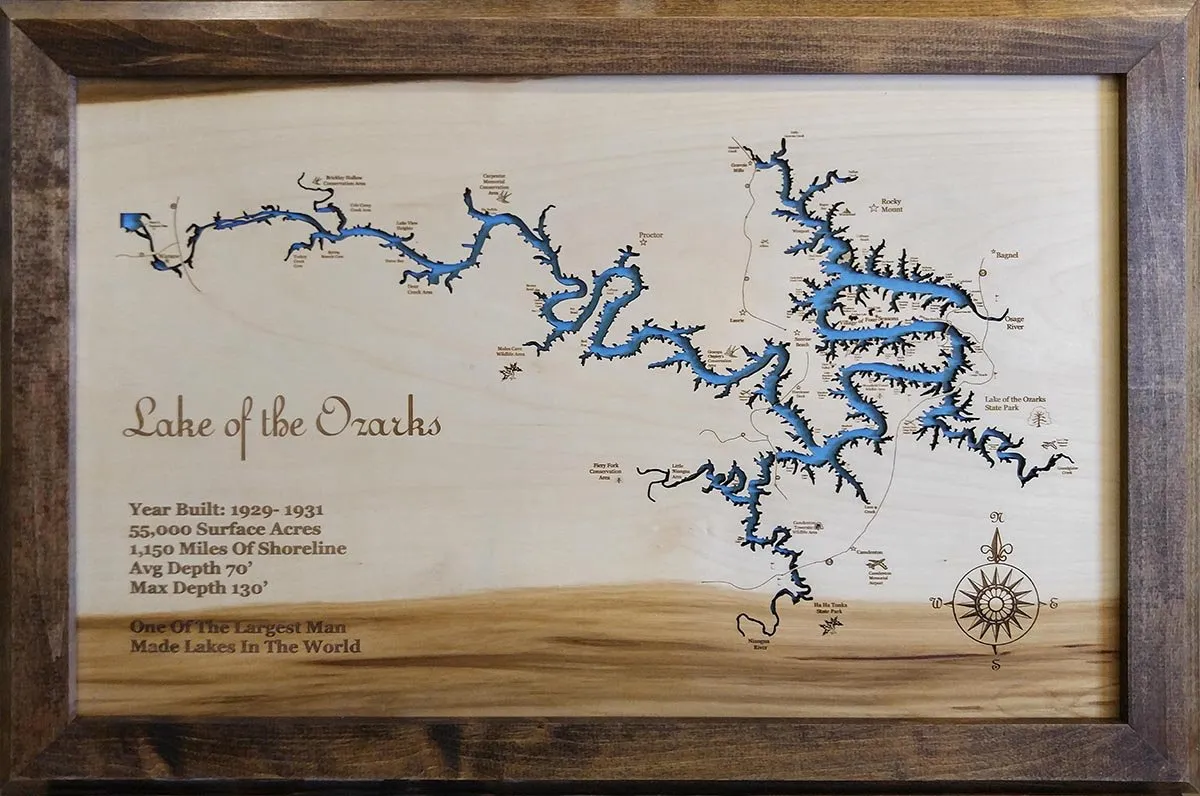 Lake of the Ozarks, Missouri - Laser Cut Wood Map