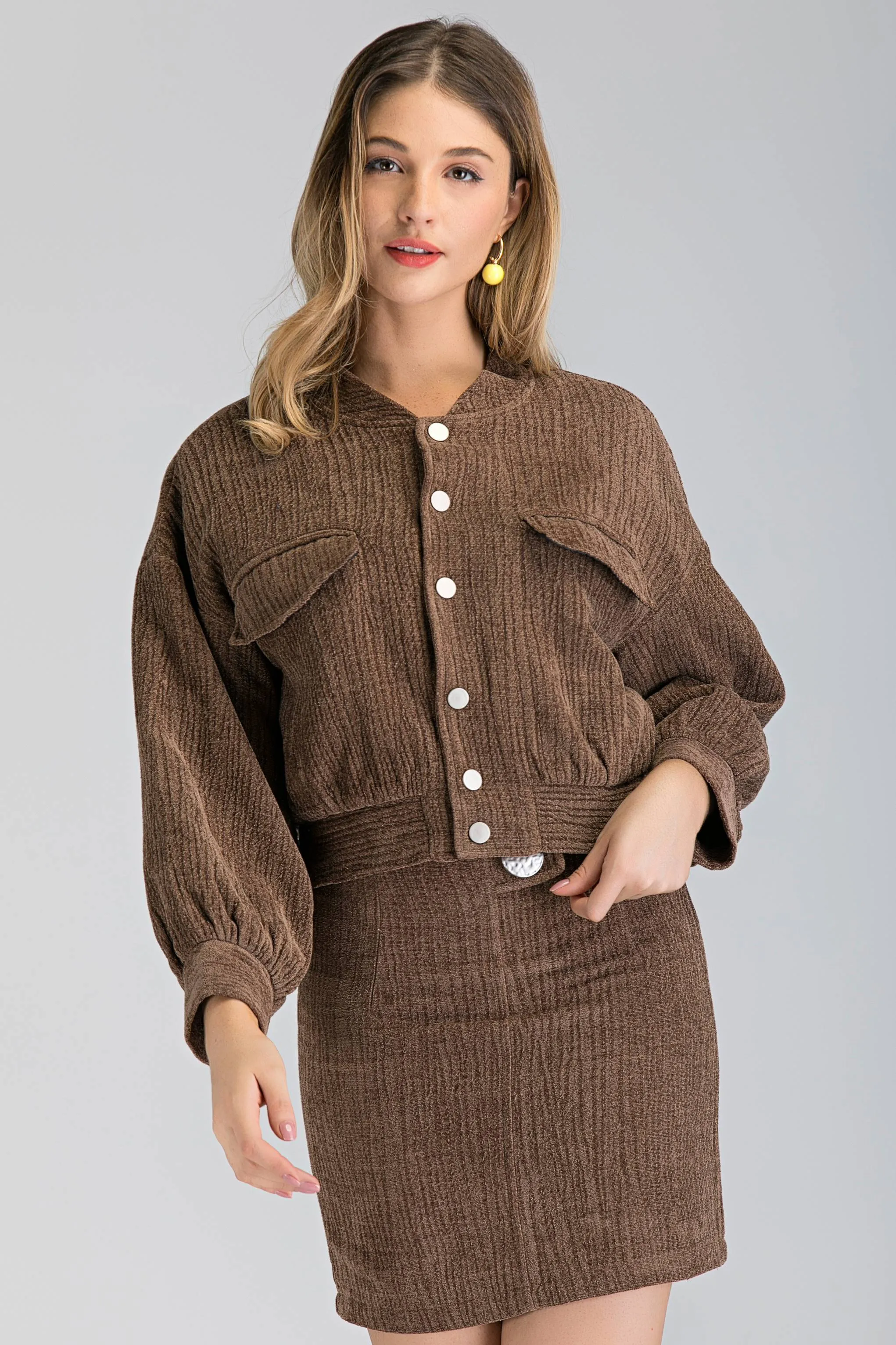 Latte Bomber Jacket and Skirt Set
