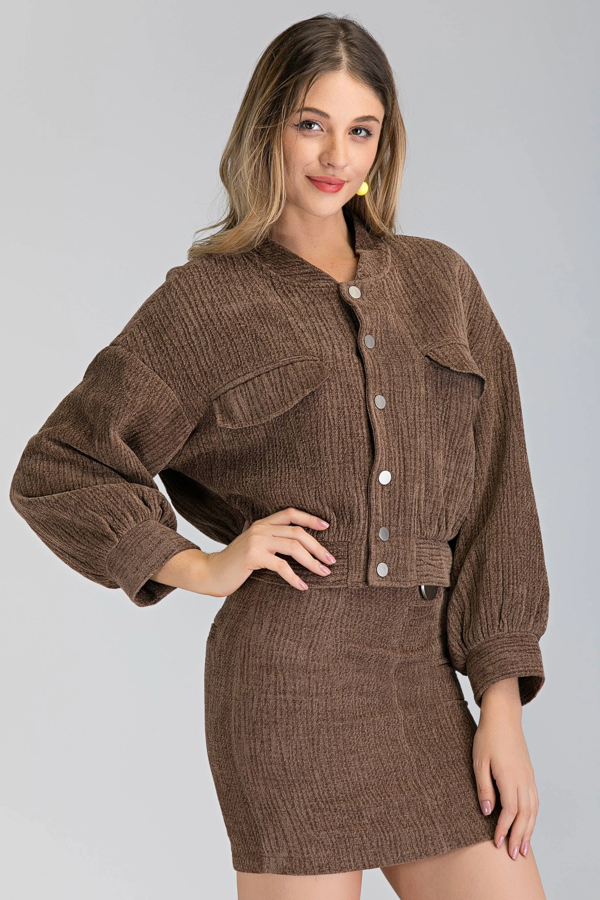 Latte Bomber Jacket and Skirt Set