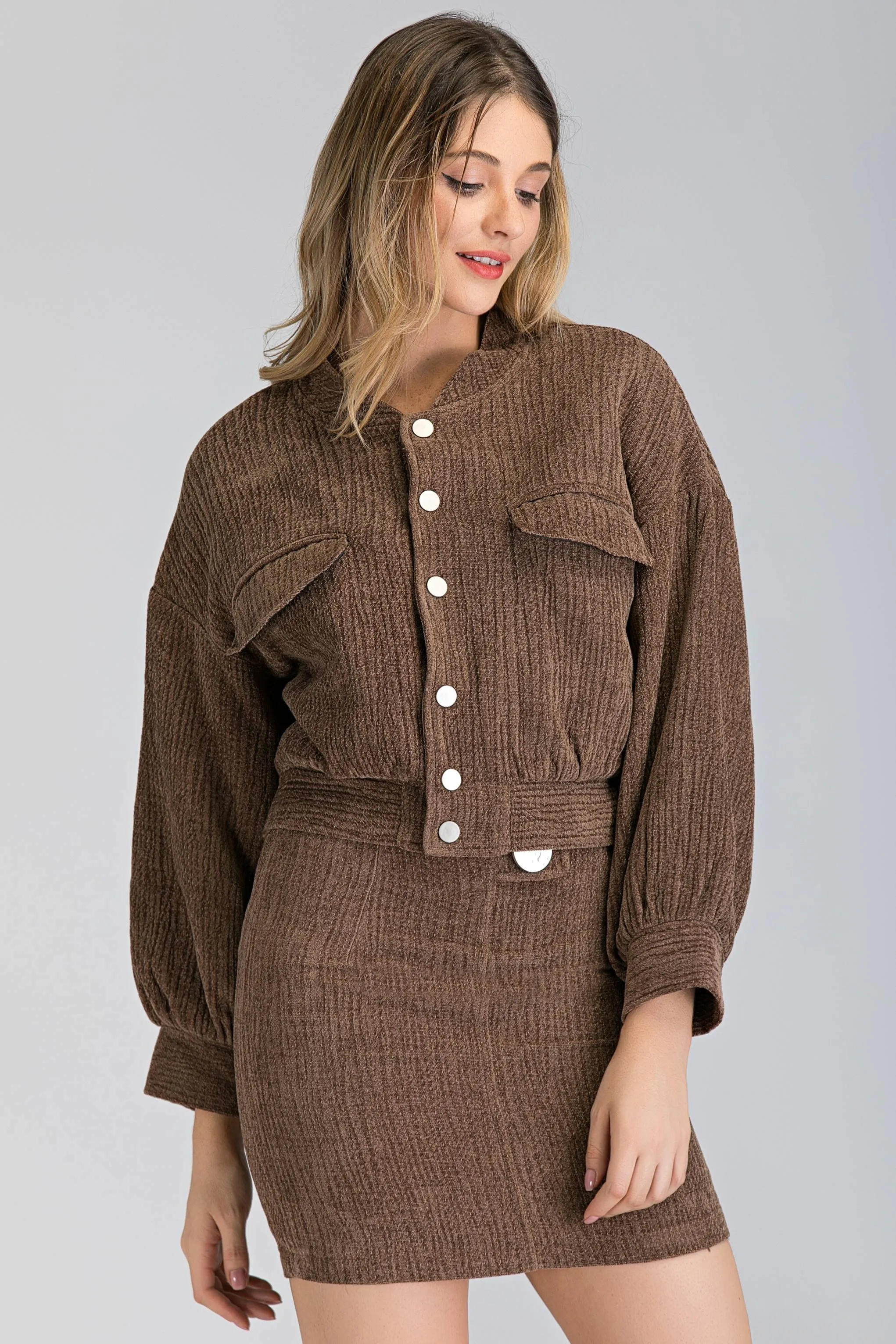 Latte Bomber Jacket and Skirt Set