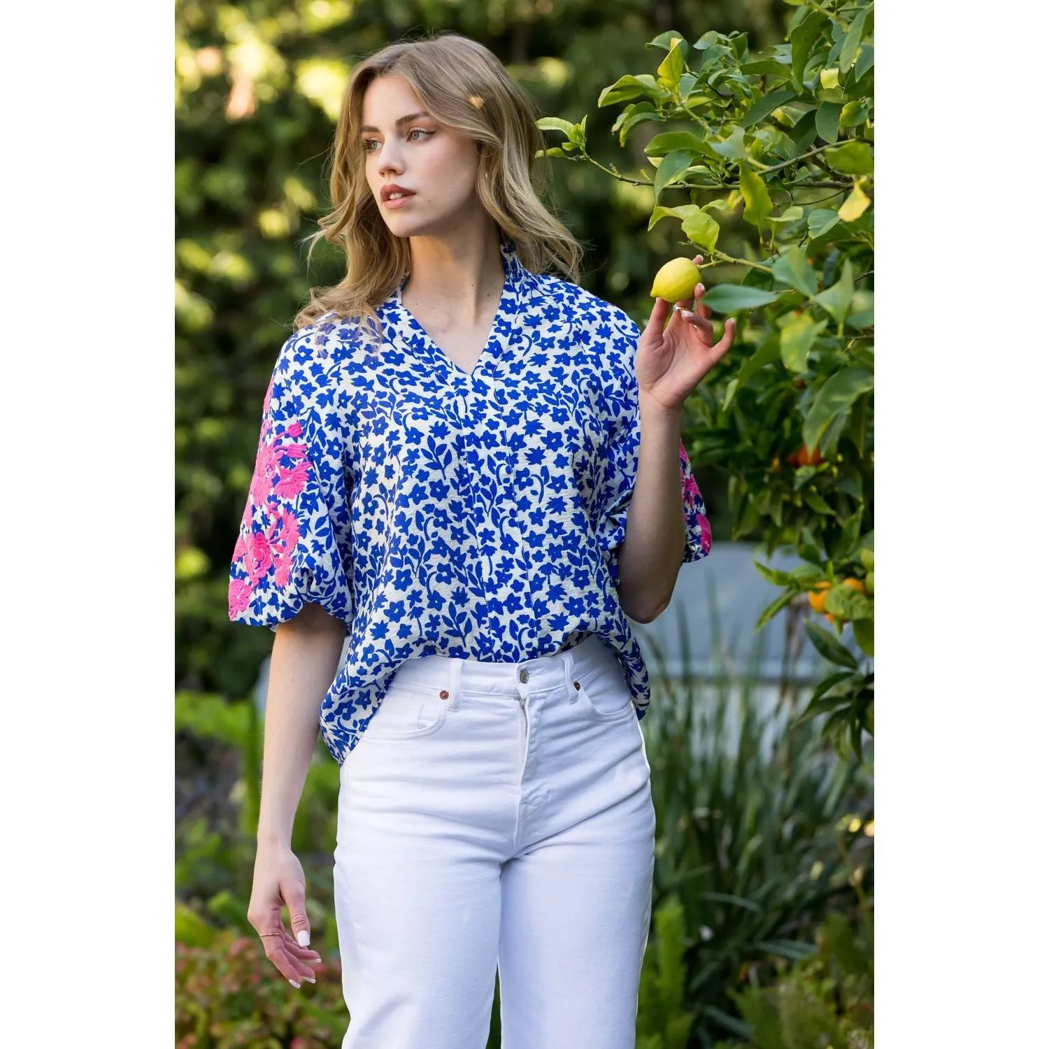 Laura Embroidered Puff Sleeve THML Top