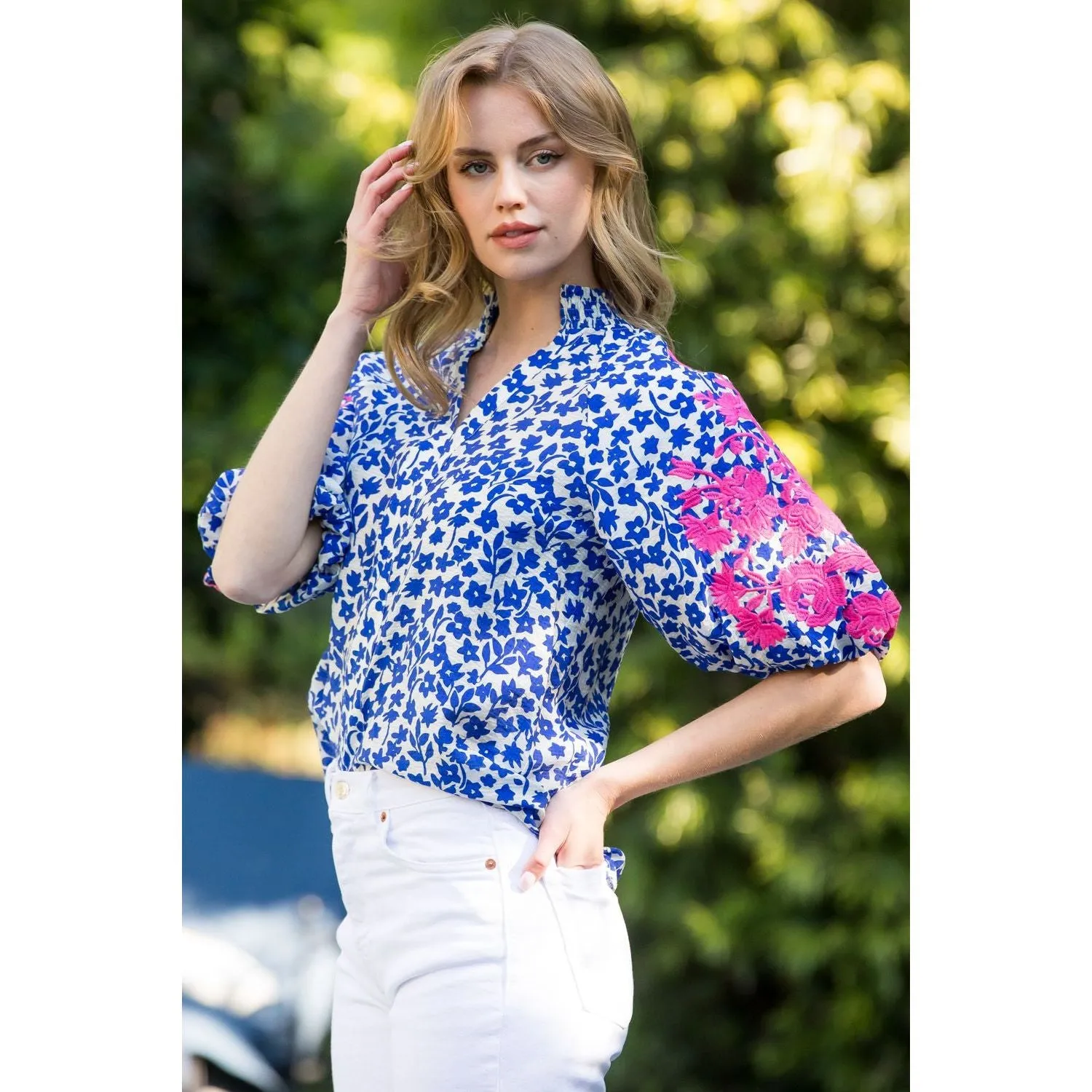 Laura Embroidered Puff Sleeve THML Top