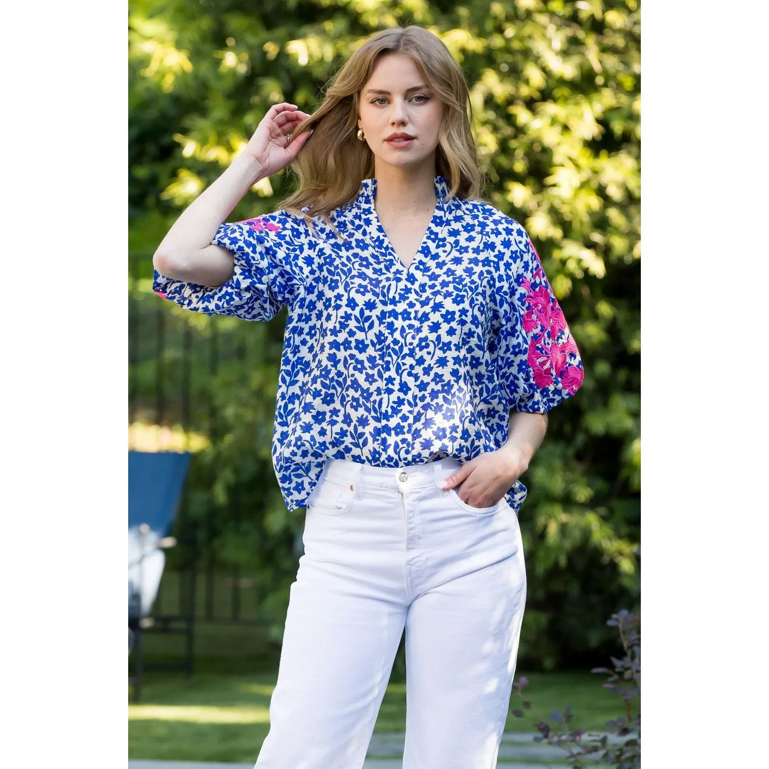 Laura Embroidered Puff Sleeve THML Top