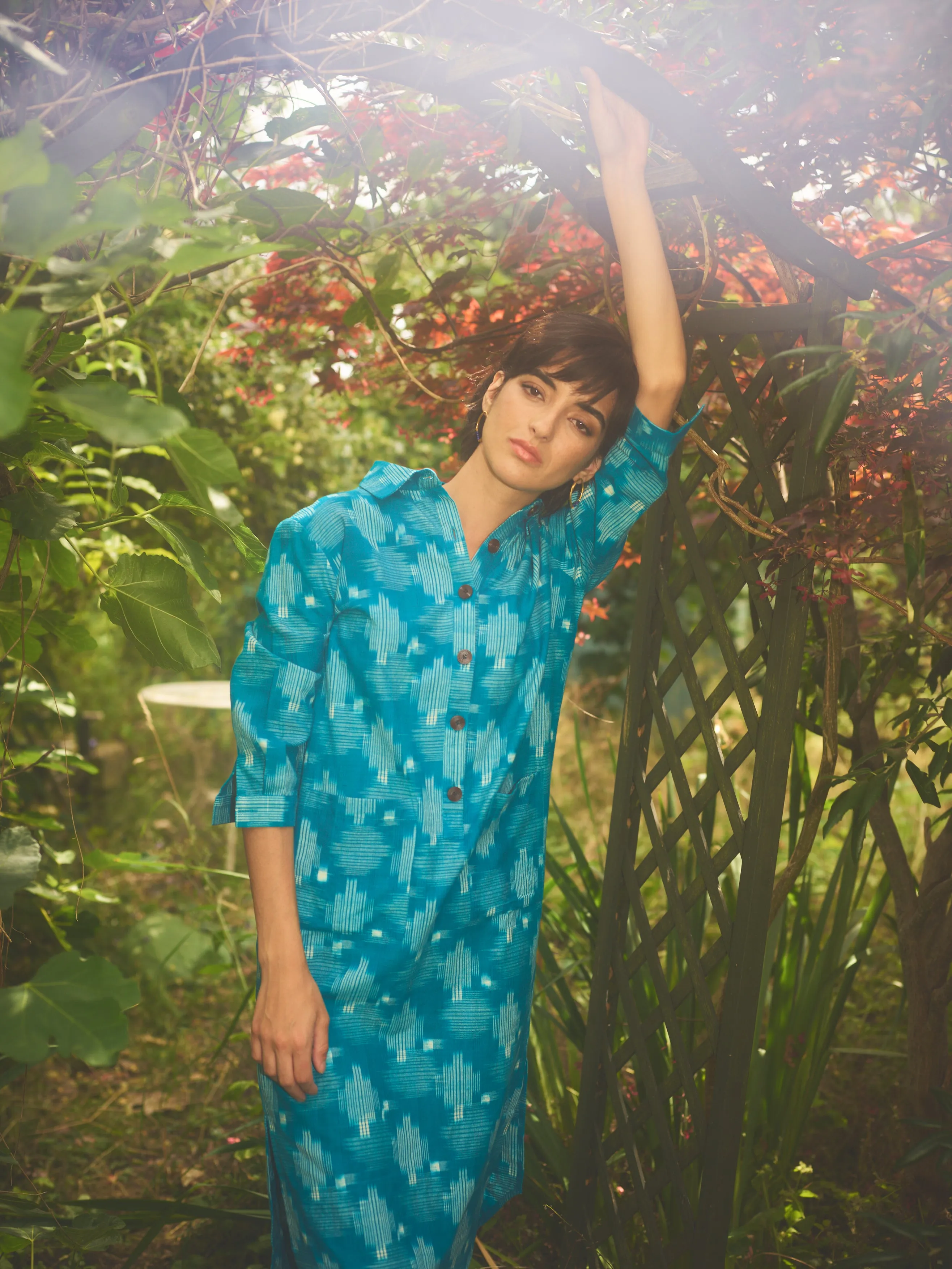 Lowie Handwoven Teal Ikat Shirt Dress