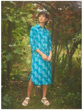 Lowie Handwoven Teal Ikat Shirt Dress