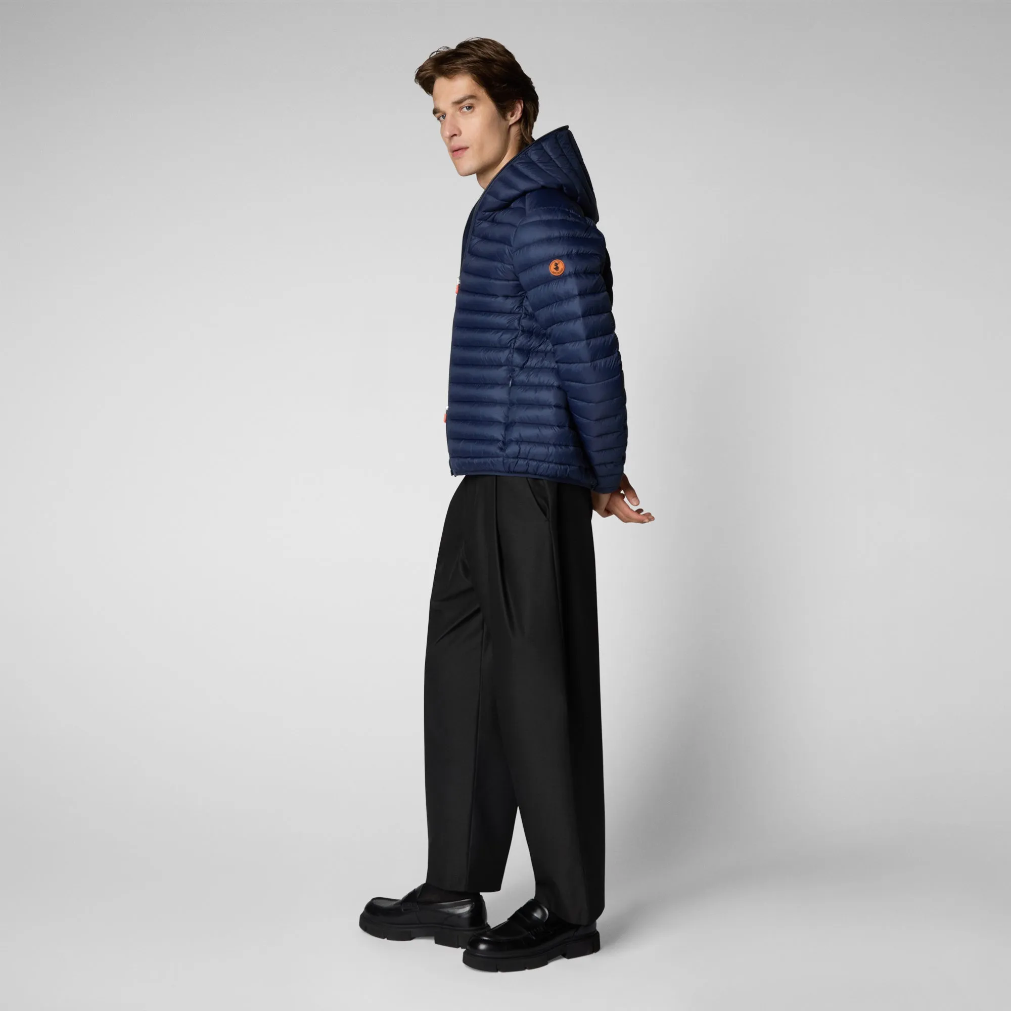 Man's animal free hooded puffer jacket Donald in navy blue
