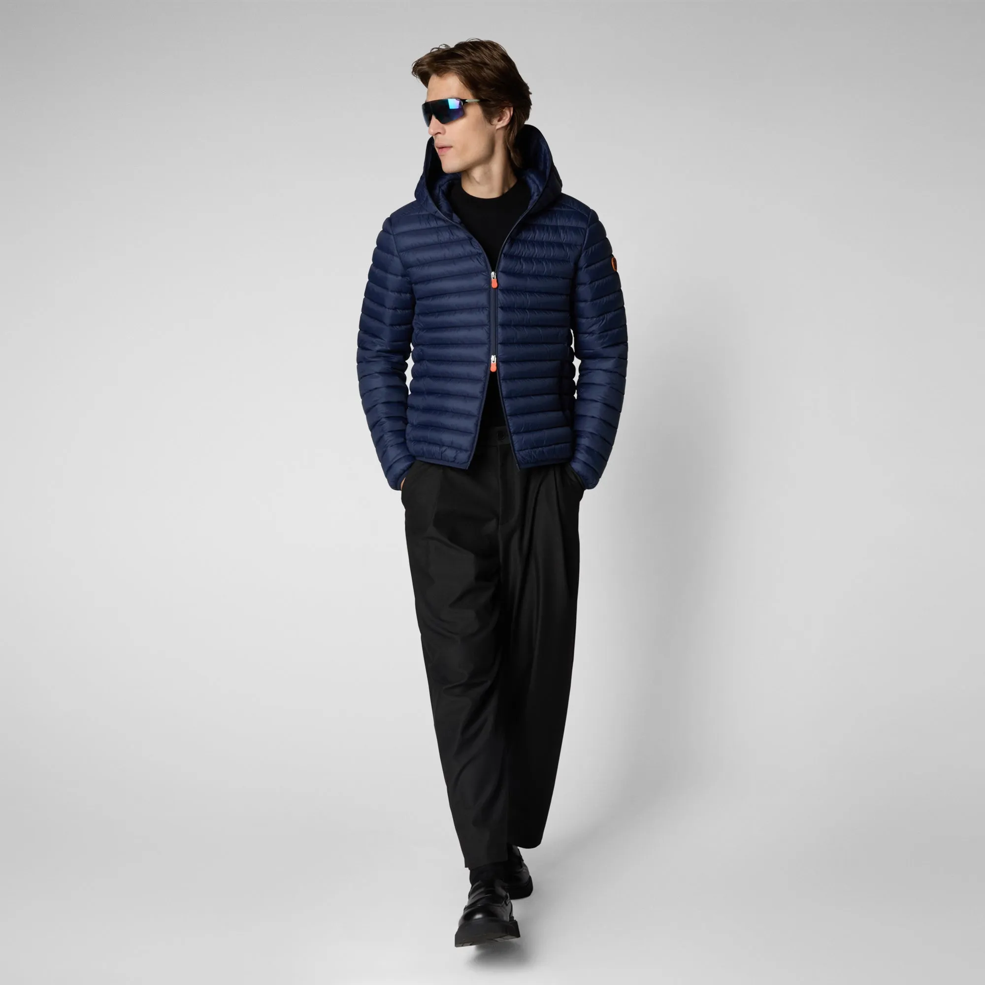 Man's animal free hooded puffer jacket Donald in navy blue