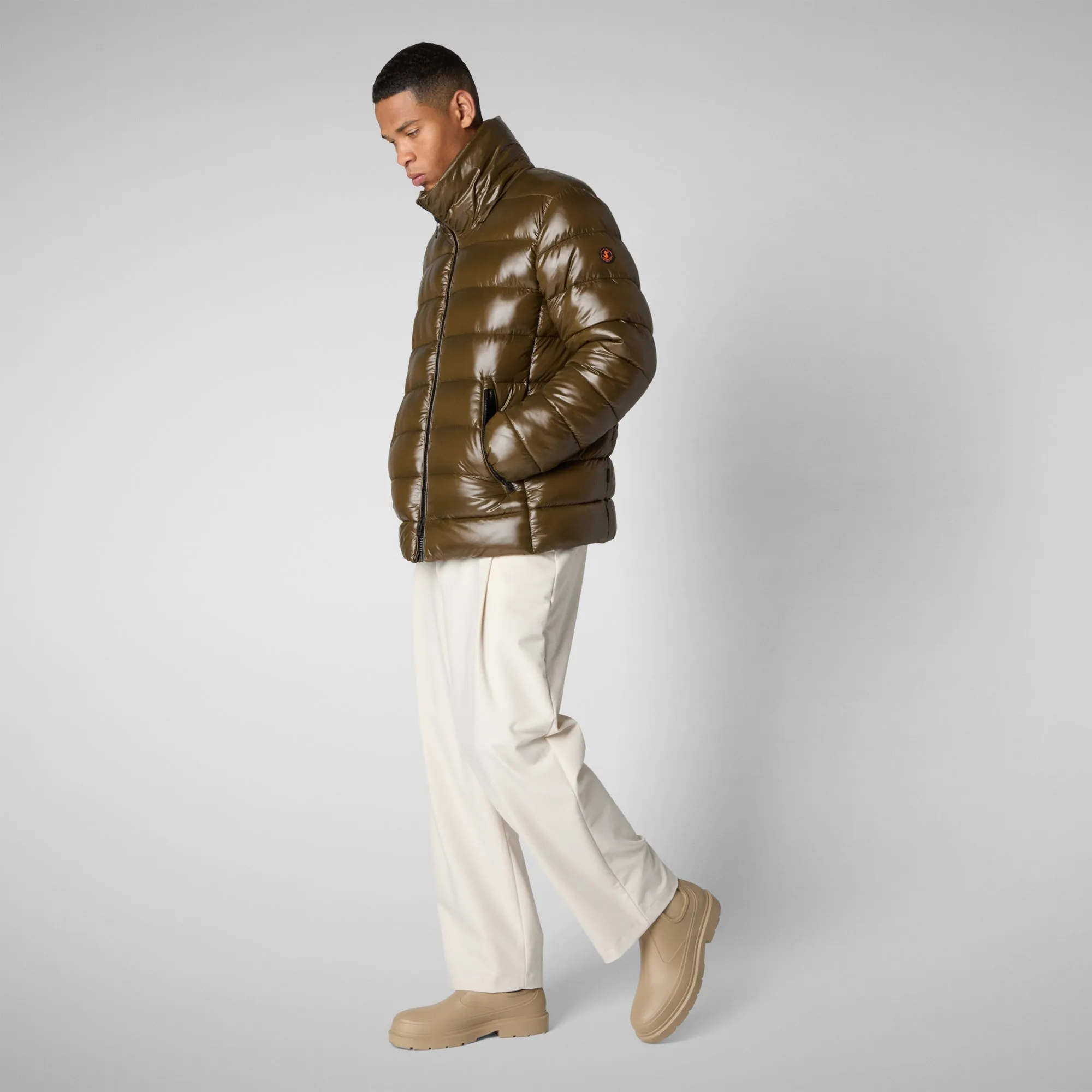 Man's animal free hooded puffer jacket Florian in bark green