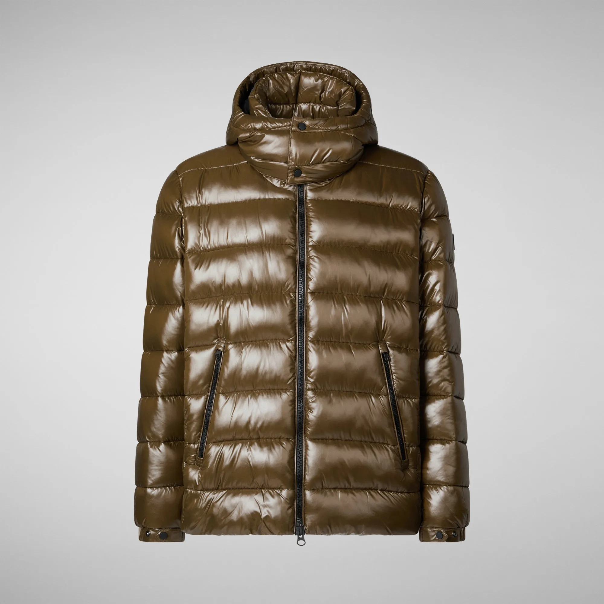 Man's animal free hooded puffer jacket Florian in bark green