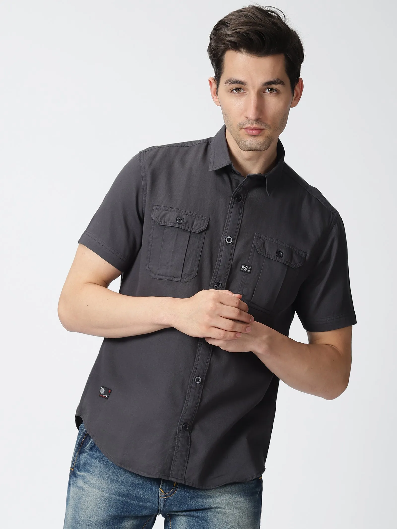 MEN'S DK GREY SOLID SLIM FIT SHIRT