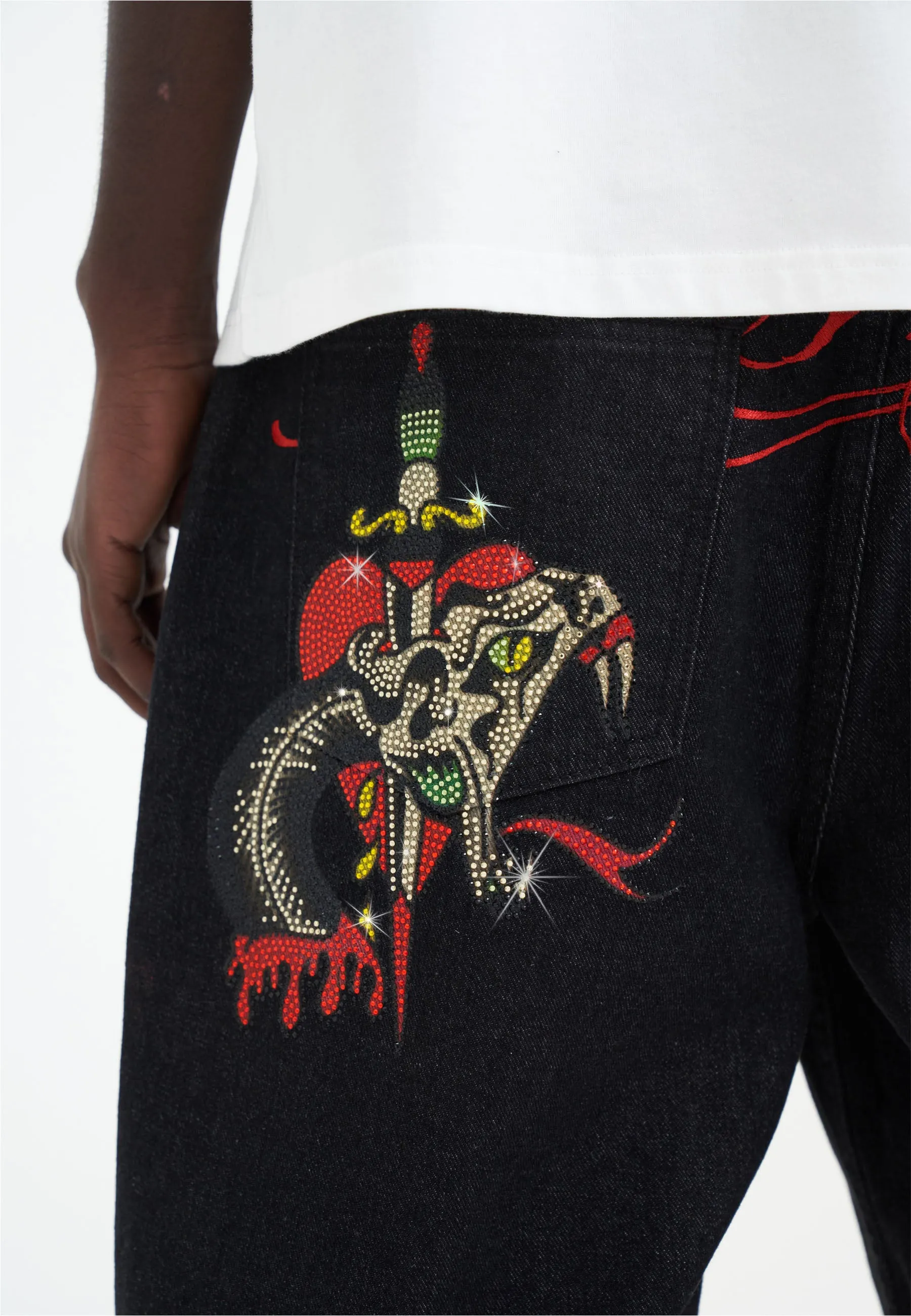 Mens Sever Snake Diamante Denim Jorts Shorts  - Black