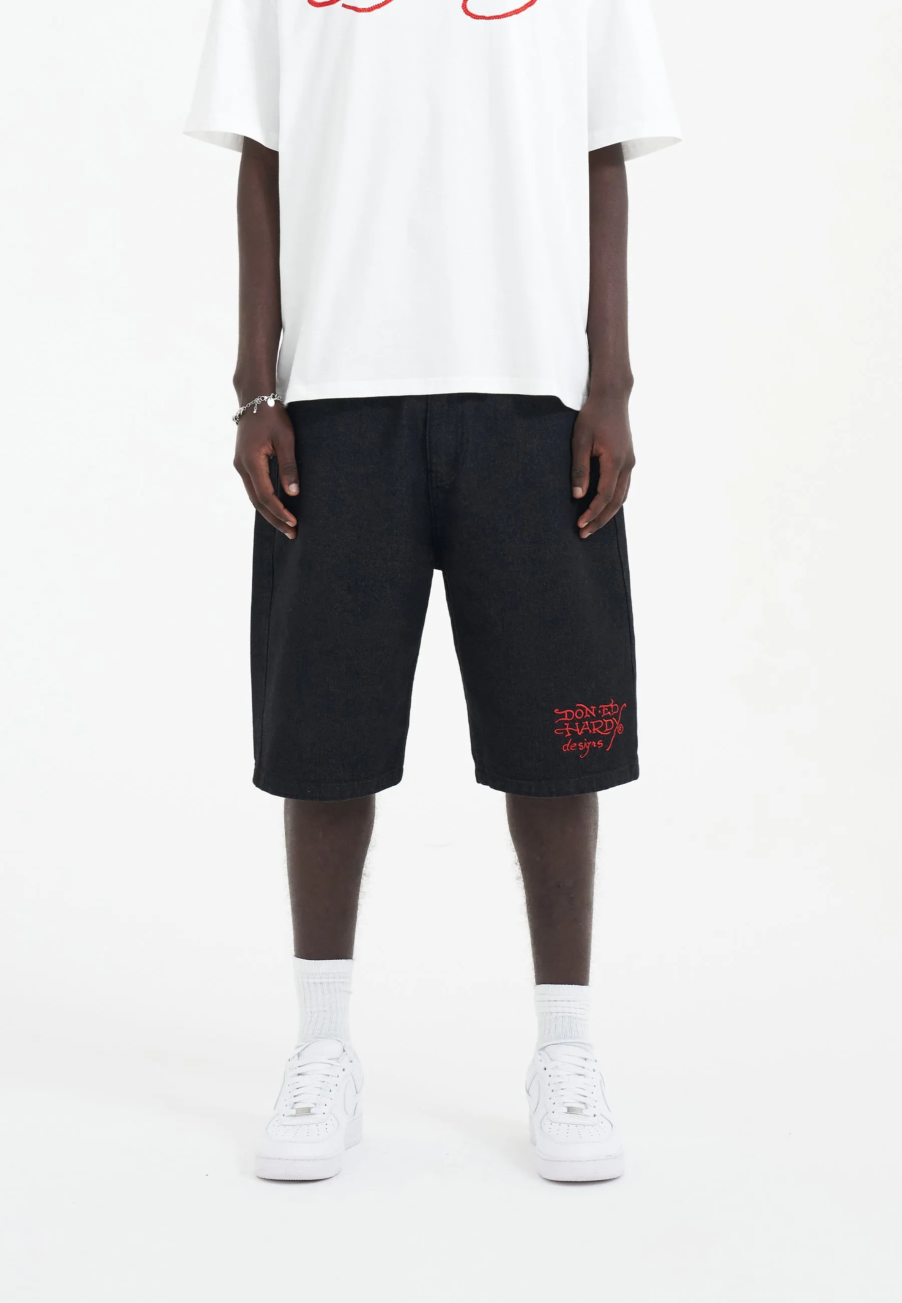 Mens Sever Snake Diamante Denim Jorts Shorts  - Black