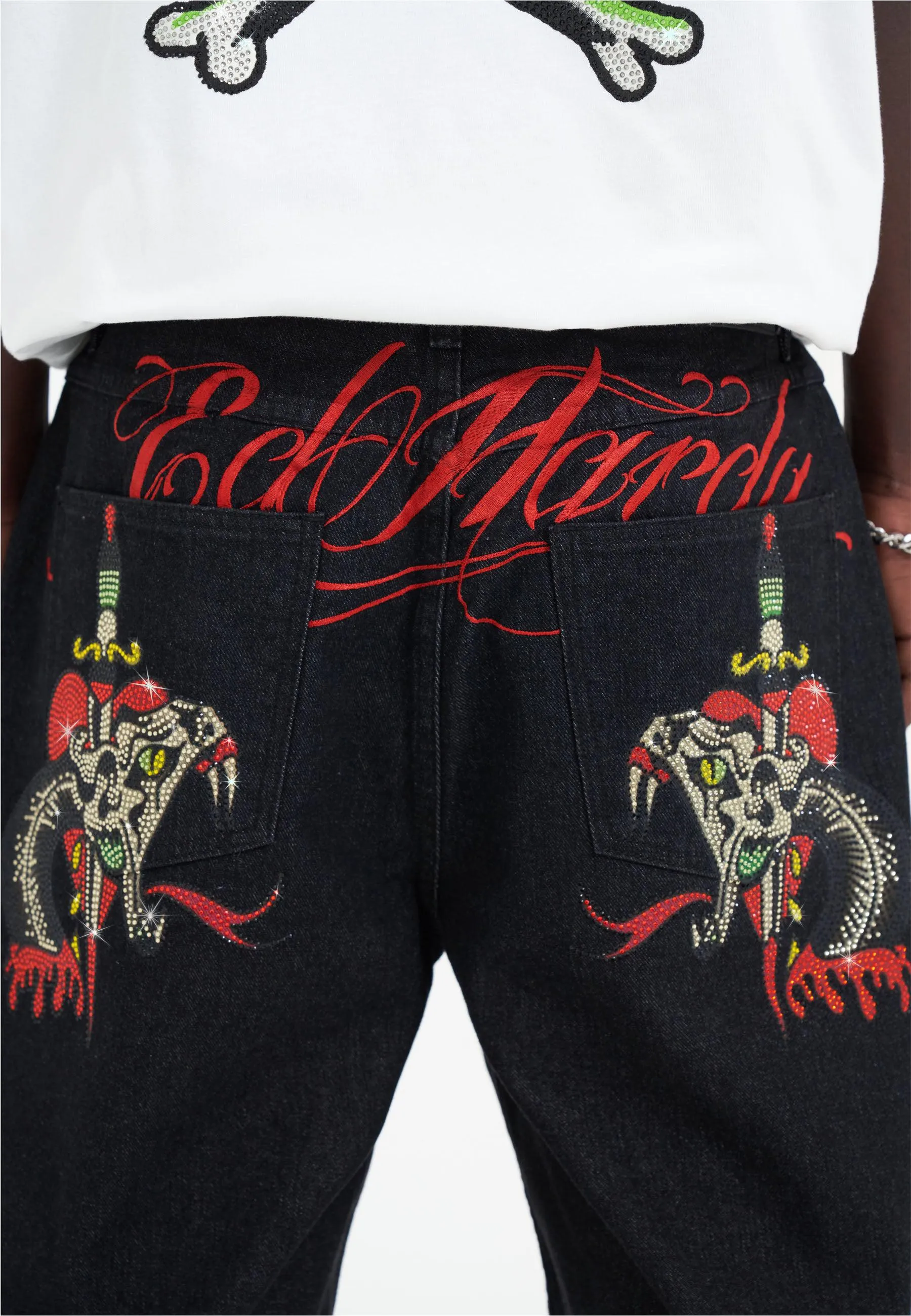 Mens Sever Snake Diamante Denim Jorts Shorts  - Black