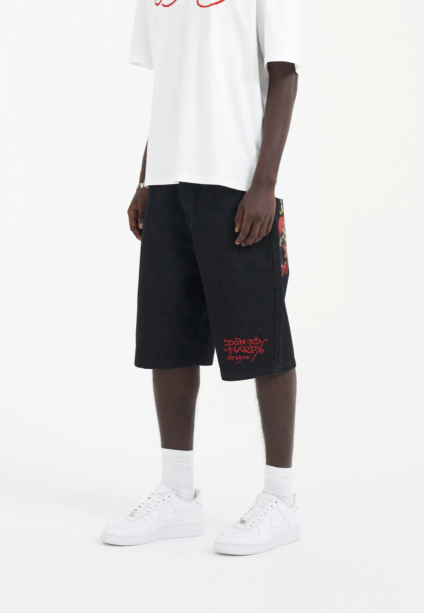 Mens Sever Snake Diamante Denim Jorts Shorts  - Black