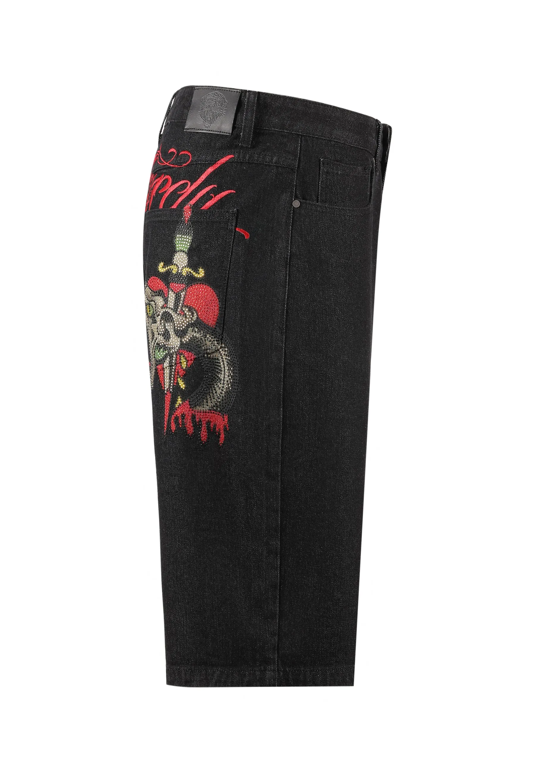 Mens Sever Snake Diamante Denim Jorts Shorts  - Black